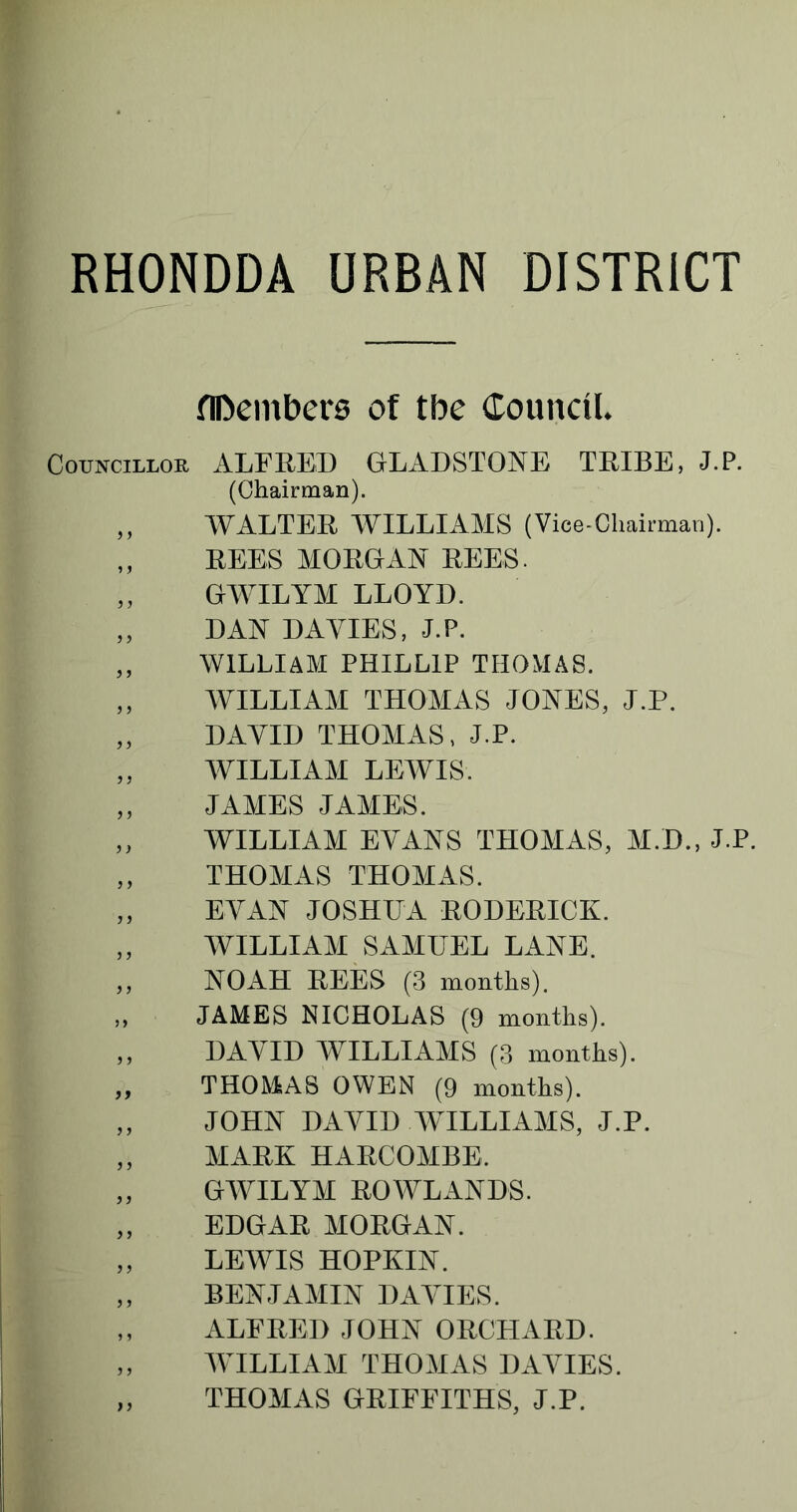 fll>ember0 of tbe Council. Councillor ALFRED GLADSTONE TRIBE, J.P. (Chairman). „ WALTER WILLIAMS (Vice-Chairman). „ REES MORGAN REES. „ GWILYM LLOYD. „ DAN DAVIES, J.P. „ WILLIAM PHILLIP THOMAS. „ WILLIAM THOMAS JONES, J.P. „ DAVID THOMAS, J.P. „ WILLIAM LEWIS. „ JAMES JAMES. „ WILLIAM EVANS THOMAS, M.D., J.P. ,, THOMAS THOMAS. „ EVAN JOSHUA RODERICK. „ WILLIAM SAMUEL LANE. ,, NOAH REES (3 months). „ JAMES NICHOLAS (9 months). „ DAVID WILLIAMS (3 months). „ THOMAS OWEN (9 months). „ JOHN DAVID WILLIAMS, J.P. „ MARK HARCOMBE, „ GWILYM ROWLANDS. „ EDGAR MORGAN. „ LEWIS HOPKIN. „ BENJAMIN DAVIES. „ ALFRED JOHN ORCHARD. „ WILLIAM THOMAS DAVIES. „ THOMAS GRIFFITHS, J.P.