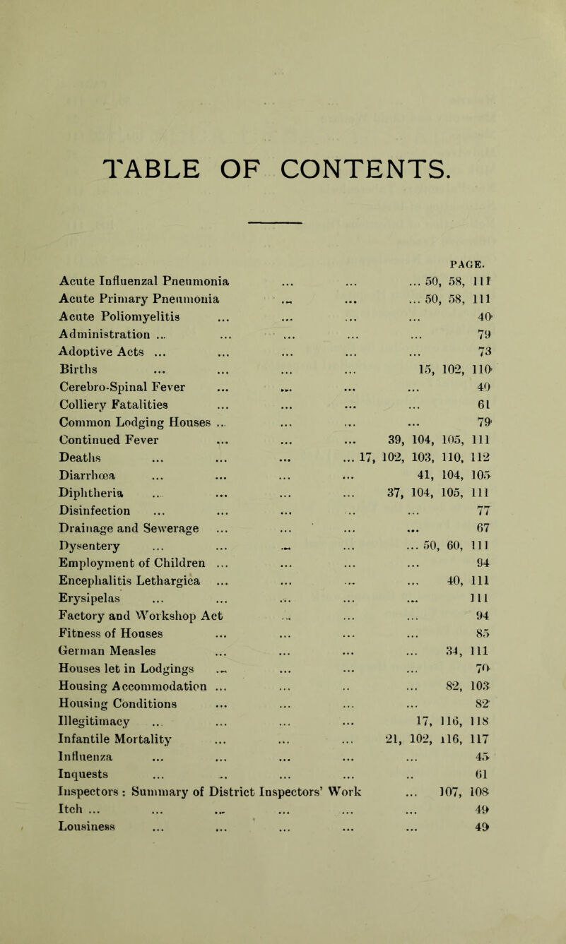 TABLE OF CONTENTS PAGE. Acute Influenzal Pneumonia Acute Primary Pneumonia Acute Poliomyelitis Administration ... Adoptive Acts ... Births Cerebro-Spinal Fever Colliery Fatalities Common Lodging Houses ... Continued Fever Deaths ... ... ... ... 17, Diarrhoea Diphtheria Disinfection Drainage and Sewerage Dysentery Employment of Children ... Encephalitis Lethargica Erysipelas ... ... .is. Factory and Workshop Act Fitness of Houses German Measles Houses let in Lodgings Housing Accommodation ... Housing Conditions Illegitimacy Infantile Mortality Influenza Inquests Inspectors ; Summary of District Inspectors’ Work Itch ... Lousiness ... 50, 58, m ... 50, 58, 111 40 79 73 15, 102, 110 40 61 79' 39, 104, 105, 111 102, 103, no, 112 41, 104, 105 37, 104, 105, 111 77 67 ... 50, 60, 111 94 40, 111 111 94 85 34, 111 70 82, 103 82 17, 116, 118 21, 102, il6, 117 4r> 61 107, 103 49 49