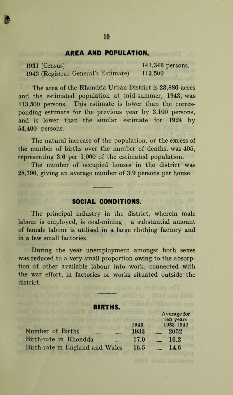 AREA AND POPULATION. 1931 (Census) 141,346 persons. 1943 (Registrar-General’s Estimate) 113,500 ,, The area of the Rhondda Urban District is 23,886 acres and the estimated population at mid-summer, 1943, was 113,500 persons. This estimate is lower than the corres- ponding estimate for the previous year by 3,100 persons, and is lower than the similar estimate for 1924 by 54,400 persons. The natural increase of the population, or the excess of the number of births over the number of deaths, was 405, representing 3.6 per 1,000 of the estimated population. The number of occupied houses in the district was 28,796, giving an average number of 3.9 persons per house. SOCIAL CONDITIONS. The principal industry in the district, wherein male labour is employed, is coal-mining ; a substantial amount of female labour is utilised in a large clothing factory and in a few small factories. During the year unemployment amongst both sexes was reduced to a very small proportion owing to the absorp- tion of other available labour into work, connected with the war effort, in factories or works situated outside the district. BIRTHS. 1943. Average for ten years 1933-1942 Number of Births 1933 _ 2052 Birth-rate in Rhondda 17.0 ..... 16.2 Birth-rate in England and Wales 16.5 14.6