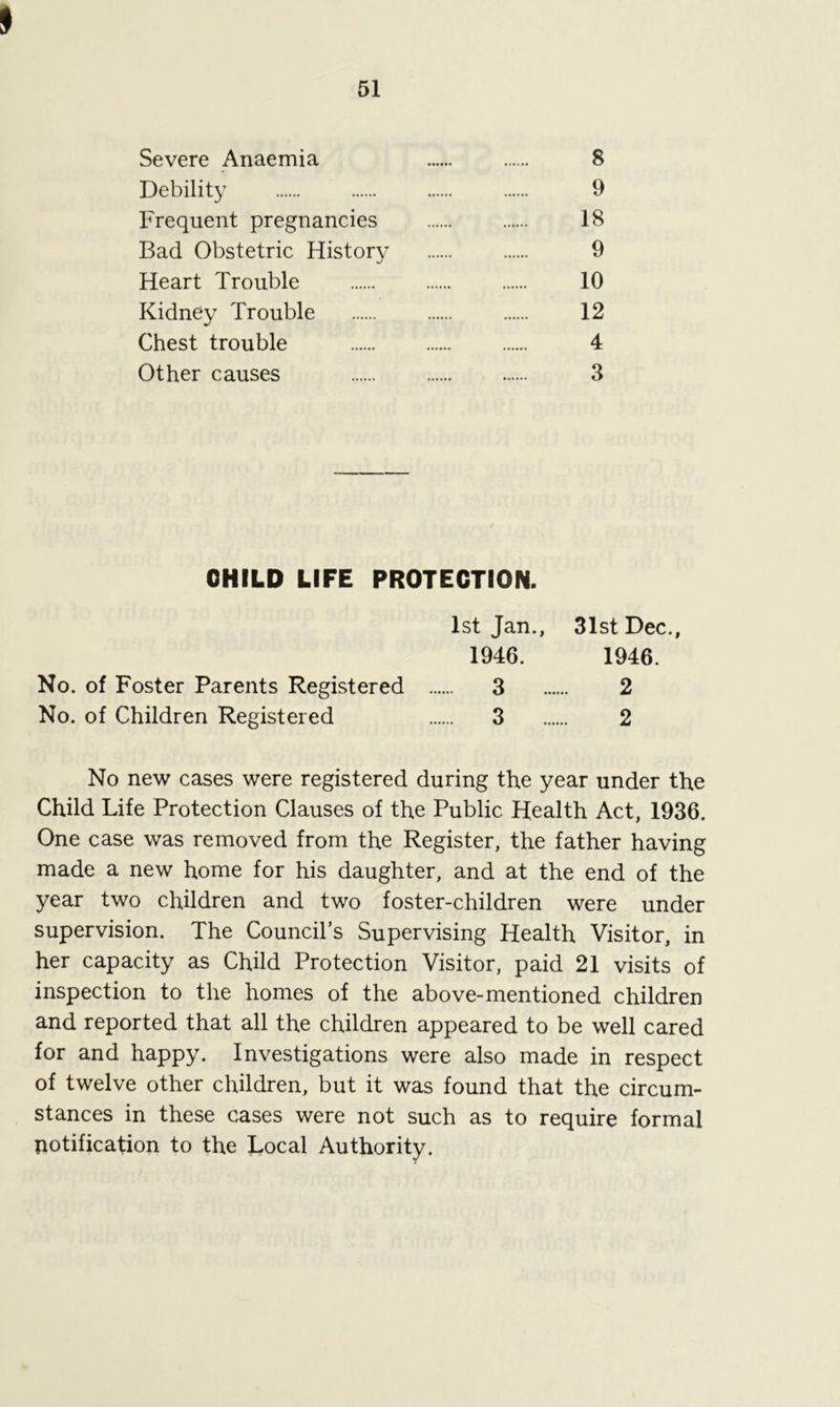 I 51 Severe Anaemia 8 Debility 9 Frequent pregnancies 18 Bad Obstetric History 9 Heart Trouble 10 Kidney Trouble 12 Chest trouble 4 Other causes 3 CHILD LIFE PROTECTION. 1st Jan., 31st Dec., 1946. 1946. No. of Foster Parents Registered 3 2 No. of Children Registered 3 2 No new cases were registered during the year under the Child Life Protection Clauses of the Public Health Act, 1936. One case was removed from the Register, the father having made a new home for his daughter, and at the end of the year two children and two foster-children were under supervision. The Council’s Supervising Health Visitor, in her capacity as Child Protection Visitor, paid 21 visits of inspection to the homes of the above-mentioned children and reported that all the children appeared to be well cared for and happy. Investigations were also made in respect of twelve other children, but it was found that the circum- stances in these cases were not such as to require formal notification to the Local Authority.