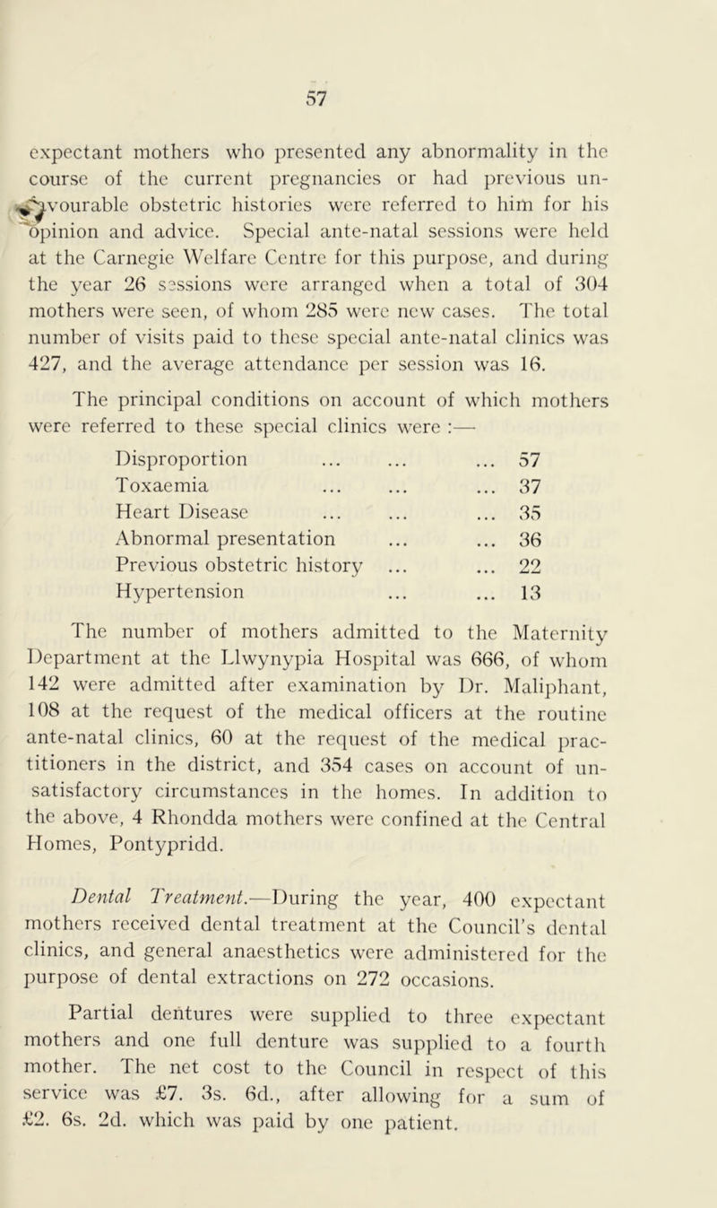 expectant mothers who presented any abnormality in the course of the current pregnancies or had previous un- vourable obstetric histories were referred to him for his 'opinion and advice. Special ante-natal sessions were held at the Carnegie Welfare Centre for this purpose, and during the year 26 sessions were arranged when a total of 304 mothers were seen, of whom 285 were new cases. The total number of visits paid to these special ante-natal clinics was 427, and the average attendance per session was 16. The principal conditions on account of which mothers were referred to these special clinics were :—• Disproportion ... 57 Toxaemia ... 37 Heart Disease ... 35 Abnormal presentation ... 36 Previous obstetric history ... 22 Hypertension ... 13 The number of mothers admitted to the Maternity Department at the Llwynypia Hospital was 666, of whom 142 were admitted after examination by Dr. Maliphant, 108 at the request of the medical officers at the routine ante-natal clinics, 60 at the request of the medical prac- titioners in the district, and 354 cases on account of un- satisfactory circumstances in the homes. In addition to the above, 4 Rhondda mothers were confined at the Central Homes, Pontypridd. Dental Treatment.—During the year, 400 expectant mothers received dental treatment at the Council’s dental clinics, and general anaesthetics were administered for the purpose of dental extractions on 272 occasions. Partial dentures were supplied to three expectant mothers and one full denture was supplied to a fourth mother. The net cost to the Council in respect of this service was £7. 3s. 6d., after allowing for a sum of £2. 6s. 2d. which was paid by one patient.