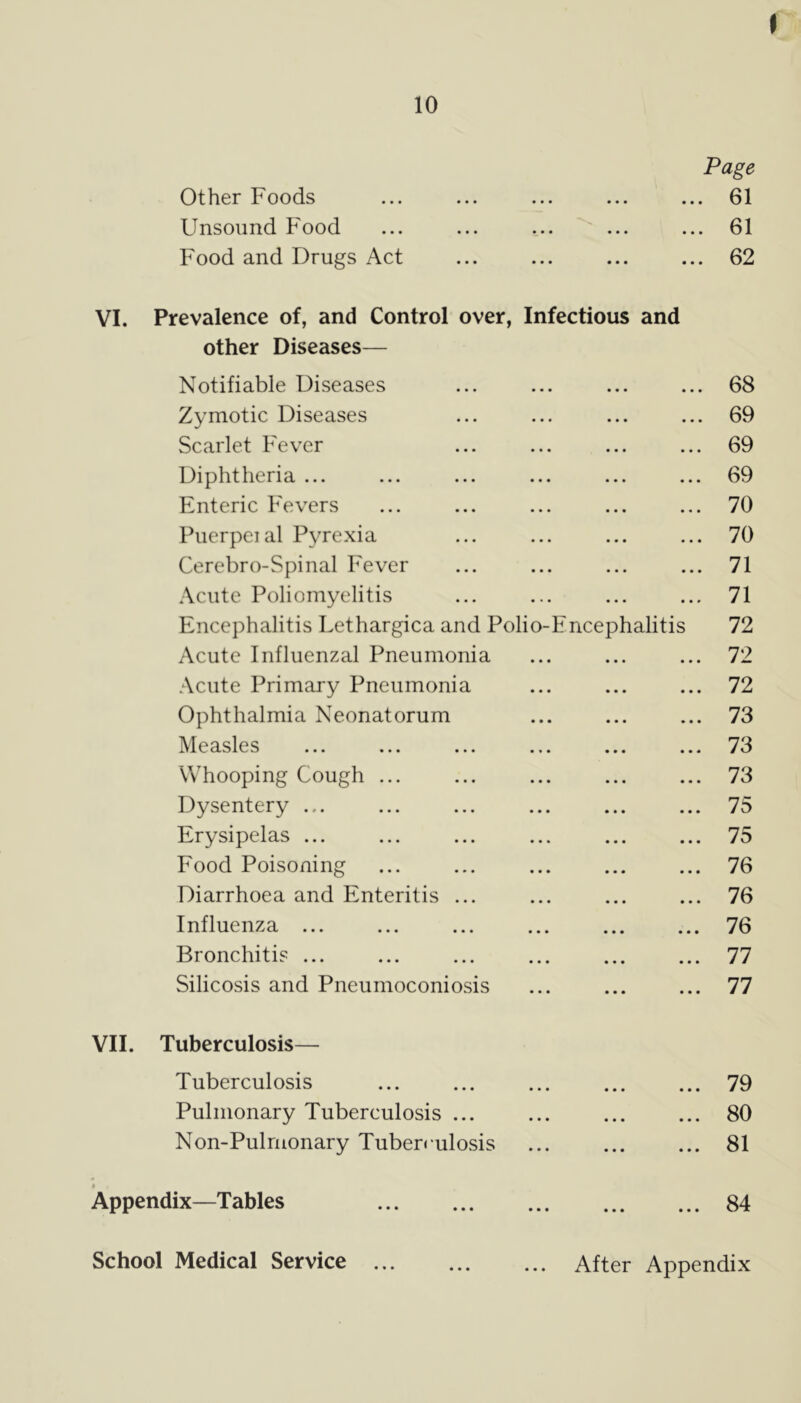 10 Page Other Foods ... ... ... ... ... 61 Unsound Food ... ... ... ... ... 61 Food and Drugs Act ... ... ... ... 62 VI. Prevalence of, and Control over, Infectious and other Diseases— Notifiable Diseases ... ... ... ... 68 Zymotic Diseases ... ... ... ... 69 Scarlet Fever ... ... ... ... 69 Diphtheria ... ... ... ... ... ... 69 Enteric Fevers ... ... ... ... ... 70 Puerpeial Pyrexia ... ... ... ... 70 Cerebro-Spinal Fever ... ... ... ... 71 Acute Poliomyelitis ... ... ... ... 71 Encephalitis Lethargica and Polio-Fncephalitis 72 Acute Influenzal Pneumonia ... ... ... 72 Acute Primary Pneumonia ... ... ... 72 Ophthalmia Neonatorum ... ... ... 73 Measles ... ... ... ... ... ... 73 Whooping Cough ... ... ... ... ... 73 Dysentery ... ... ... ... ... ... 75 Erysipelas ... ... ... ... ... ... 75 Food Poisoning ... ... ... ... ... 76 Diarrhoea and Enteritis ... ... ... ... 76 Influenza ... ... ... ... ... ... 76 Bronchitis ... ... ... ... ... ... 77 Silicosis and Pneumoconiosis ... ... ... 77 VII. Tuberculosis— Tuberculosis ... ... ... ... ... 79 Pulmonary Tuberculosis 80 Non-Pulmonary Tuberculosis 81 i i Appendix—Tables 84 School Medical Service • • • • • • After Appendix