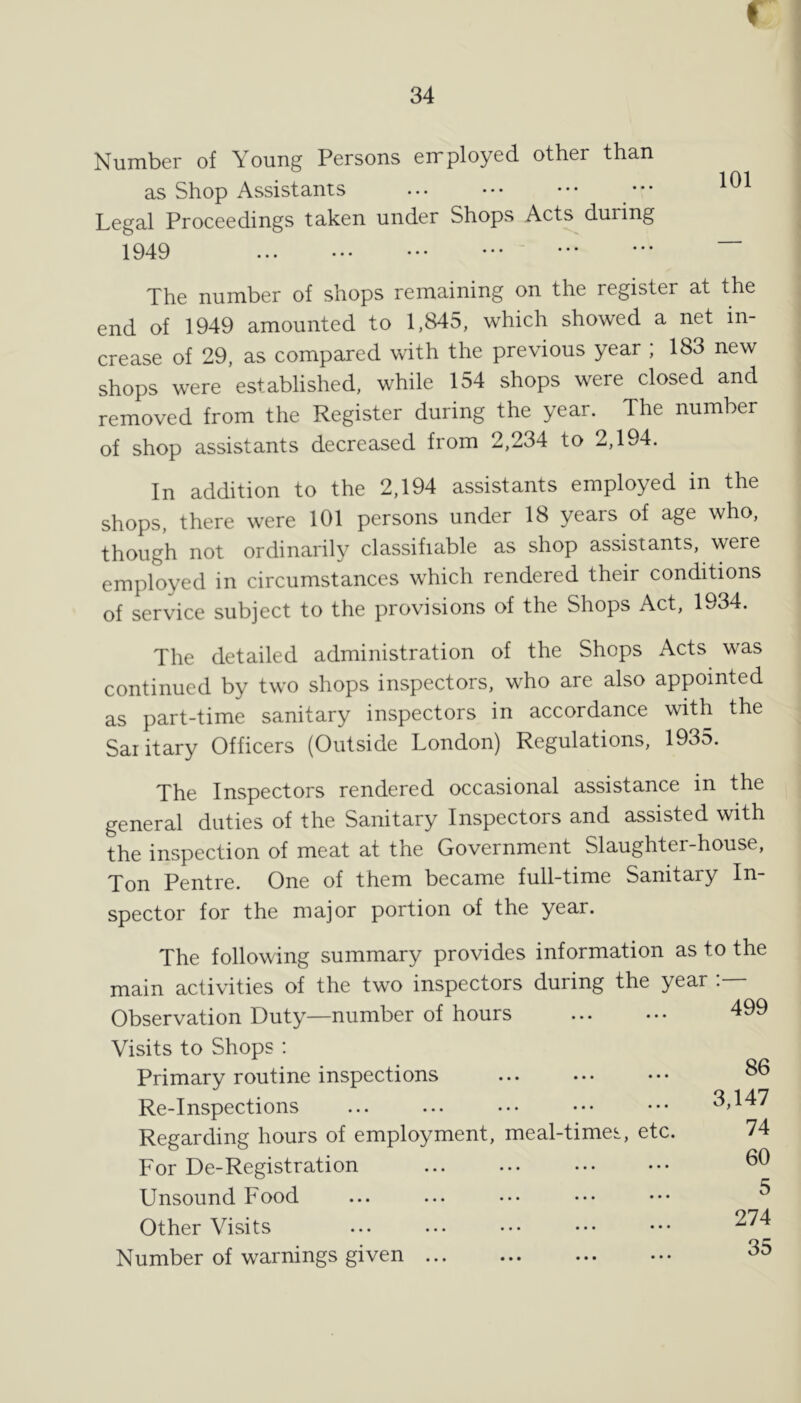 Number of Young Persons employed other than as Shop Assistants Legal Proceedings taken under Shops Acts during 1949 The number of shops remaining on the register at the end of 1949 amounted to 1,845, which showed a net in- crease of 29, as compared with the previous year ; 183 new shops were established, while 154 shops were closed and removed from the Register during the year. The number of shop assistants decreased from 2,234 to 2,194. In addition to the 2,194 assistants employed in the shops, there were 101 persons under 18 years of age who, though not ordinarily classifiable as shop assistants, were employed in circumstances which rendered their conditions of service subject to the provisions of the Shops Act, 1934. The detailed administration of the Shops Acts was continued by two shops inspectors, who are also appointed as part-time sanitary inspectors in accordance with the Sax it ary Officers (Outside London) Regulations, 1935. The Inspectors rendered occasional assistance in the general duties of the Sanitary Inspectors and assisted with the inspection of meat at the Government Slaughter-house, Ton Pentre. One of them became full-time Sanitary In- spector for the major portion of the year. The following summary provides information as to the main activities of the two inspectors during the year Observation Duty—number of hours Visits to Shops : Primary routine inspections Re-Inspections Regarding hours of employment, meal-times, etc. For De-Registration Unsound Food Other Visits Number of warnings given ... 499 86 3,147 74 60 5 274 35