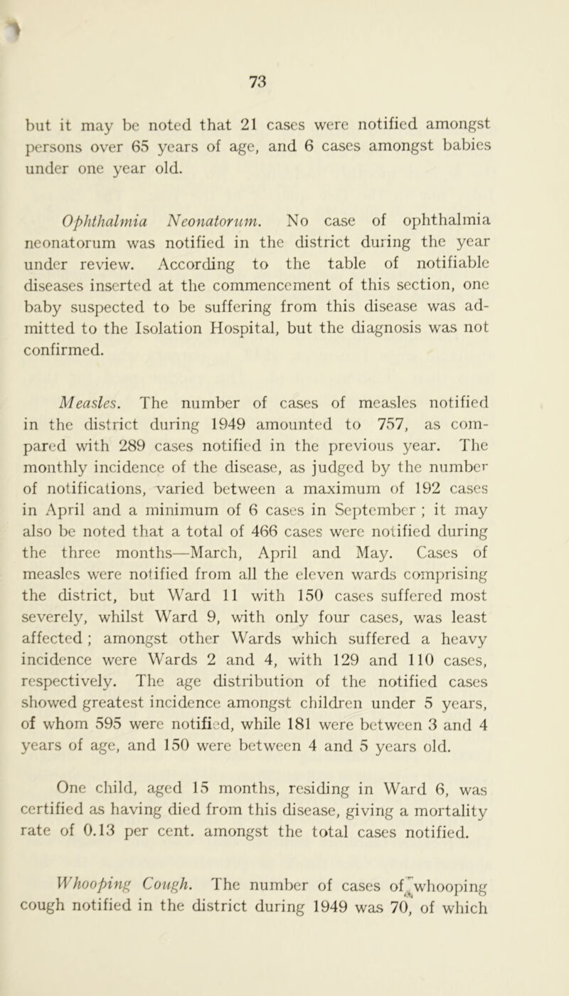 but it may be noted that 21 cases were notified amongst persons over 65 years of age, and 6 cases amongst babies under one year old. Ophthalmia Neonatorum. No case of ophthalmia neonatorum was notified in the district during the year under review. According to the table of notifiable diseases inserted at the commencement of this section, one baby suspected to be suffering from this disease was ad- mitted to the Isolation Hospital, but the diagnosis was not confirmed. Measles. The number of cases of measles notified in the district during 1949 amounted to 757, as com- pared with 289 cases notified in the previous year. The monthly incidence of the disease, as judged by the number of notifications, varied between a maximum of 192 cases in April and a minimum of 6 cases in September ; it may also be noted that a total of 466 cases were notified during the three months—March, April and May. Cases of measles were notified from all the eleven wards comprising the district, but Ward 11 with 150 cases suffered most severely, whilst Ward 9, with only four cases, was least affected ; amongst other Wards which suffered a heavy incidence were Wards 2 and 4, with 129 and 110 cases, respectively. The age distribution of the notified cases showed greatest incidence amongst children under 5 years, of whom 595 were notified, while 181 were between 3 and 4 years of age, and 150 were between 4 and 5 years old. One child, aged 15 months, residing in Ward 6, was certified as having died from this disease, giving a mortality rate of 0.13 per cent, amongst the total cases notified. Whooping Cough. The number of cases oT whooping cough notified in the district during 1949 was 70, of which