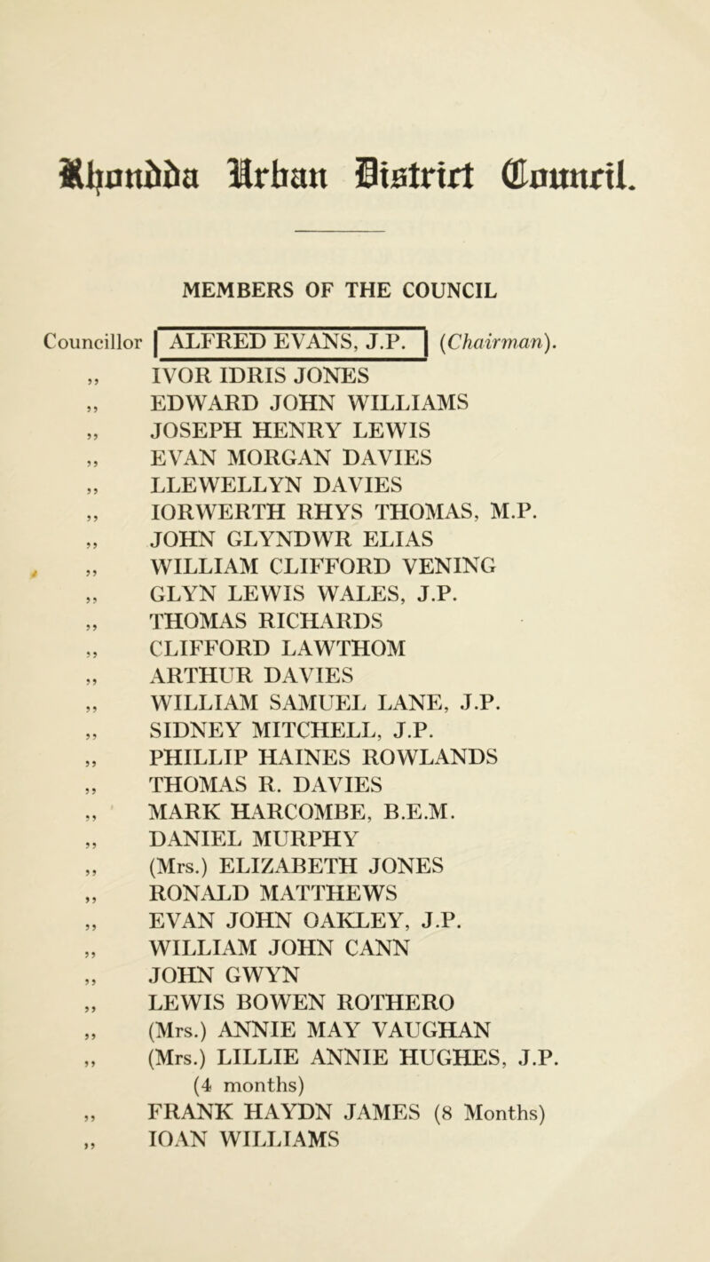 Mijonitia Irhan italrirt (Eomtrtl MEMBERS OF THE COUNCIL Councillor | ALFRED EVANS, J.P. | (Chairman). „ IVOR IDRIS JONES „ EDWARD JOHN WILLIAMS „ JOSEPH HENRY LEWIS „ EVAN MORGAN DAVIES „ LLEWELLYN DAVIES „ IORWERTH RHYS THOMAS, M.P. „ JOHN GLYNDWR ELIAS „ WILLIAM CLIFFORD VENING „ GLYN LEWIS WALES, J.P. „ THOMAS RICHARDS „ CLIFFORD LAWTHOM „ ARTHUR DAVIES „ WILLIAM SAMUEL LANE, J.P. „ SIDNEY MITCHELL, J.P. „ PHILLIP HAINES ROWLANDS „ THOMAS R. DAVIES „ MARK HARCOMBE, B.E.M. „ DANIEL MURPHY „ (Mrs.) ELIZABETH JONES „ RONALD MATTHEWS „ EVAN JOHN OAKLEY, J.P. „ WILLIAM JOHN CANN „ JOHN GWYN „ LEWIS BOWEN ROTHERO „ (Mrs.) ANNIE MAY VAUGHAN „ (Mrs.) LILLIE ANNIE HUGHES, J.P. (4 months) „ FRANK HAYDN JAMES (8 Months) „ 10AN WILLIAMS