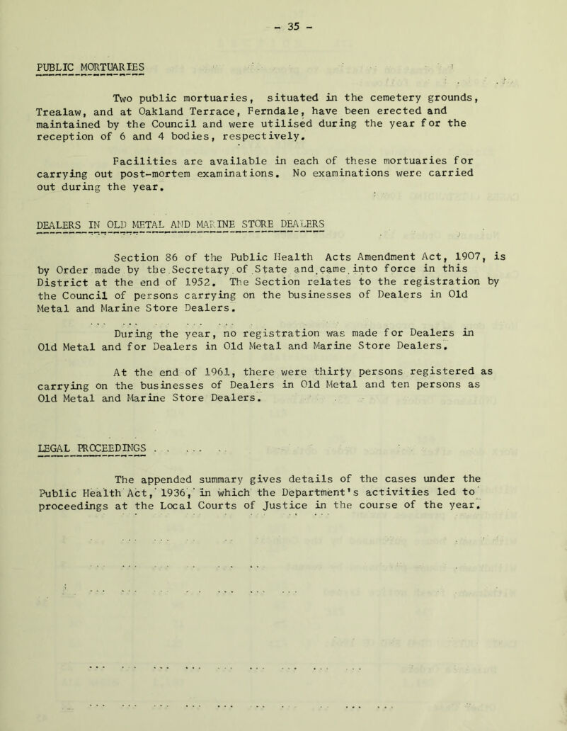 PUBLIC MORTUARIES ? Two public mortuaries, situated in the cemetery grounds, Trealaw, and at Oakland Terrace, Ferndale, have been erected and maintained by the Council and were utilised during the year for the reception of 6 and 4 bodies, respectively. Facilities are available in each of these mortuaries for carrying out post-mortem examinations. No examinations were carried out during the year. DEALERS IN OLD METAL AND MARINE STORE DE/vLERS ■ r-.-?—T-T-r-—— — —  — — j Section 86 of the Public Health Acts Amendment Act, 1907, is by Order made by the.Secretary.of State and.came.into force in this District at the end of 1952, The Section relates to the registration by the Council of persons carrying on the businesses of Dealers in Old Metal and Marine Store Dealers, During the year, no registration was made for Dealers in Old Metal and for Dealers in Old Metal and Marine Store Dealers, At the end of 1961, there were thirty persons registered as carrying on the businesses of Dealers in Old Metal and ten persons as Old Metal and Marine Store Dealers. LEGAL PROCEEDINGS . The appended summary gives details of the cases under the Public Health Act,’1936,'in which the Department’s activities led to proceedings at the Local Courts of Justice in the course of the year.