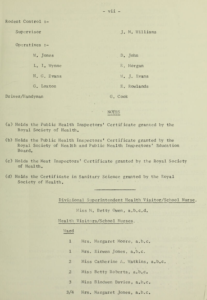 Vll Rodent Control Supervisor J. M, Williams Operatives VJ, Jones L. I. Wynne H. G. E van s G, Loxton DriverAIandyman G. Cook • NOTES (a) Holds the Public Health Inspectors’ Certificate granted by the Royal Society of Health. (b) Holds the Public Health Inspectors* Certificate granted by the Royal Society of Health and Public Health Inspectors’ Education Board. (c) Holds the Meat Inspectors' Certificate granted by the Royal Society of Health, (d) Holds the Certificate in Sanitary Science granted by the Royal Society of Health, Divisional Superintendent Health Visitor/School Nurse. Miss M, Betty Owen, a.b.c.d. Health Visltors/School Nurses. Ward 1 Mrs. Margaret Moore, a.b.c. 1 Mrs. Eirwen Jones, a.b.c. 2 Miss Catherine A, Watkins, a.b.c. 2 Miss Betty Roberts, a.b.c, 3 Miss Blodwen Davies, a.b.c, 3/4 Mrs. Margaret Jones, a.b.c. D, John R, Morgan W. J, Evans E. Rowlands