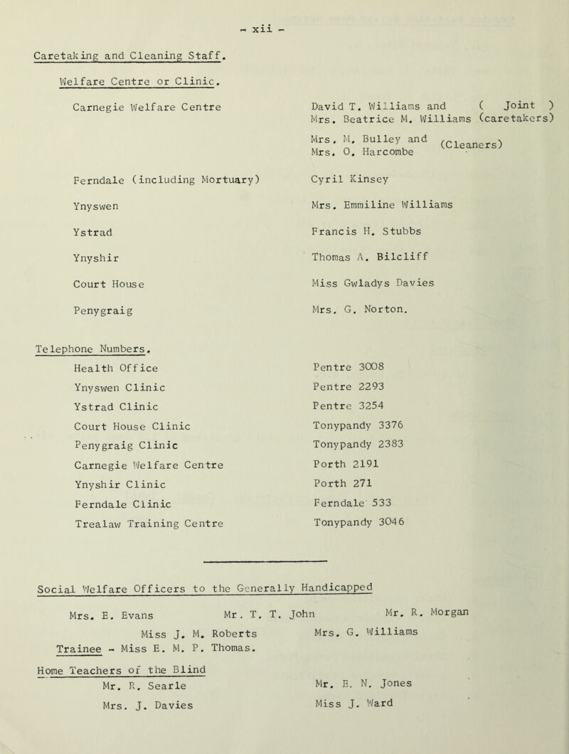 Caretaking and Cleaning Staff. Welfare Centre or Clinic. Carnegie VJelfare Centre Ferndale (including Mortuary) Ynyswen Ystrad Ynyshir Court House Penygraig David T. Williams and ( Joint ) Mrs. Beatrice M. Williams (caretakers) Mrs. M. Bulley and (Cleaners Mrs. 0. Harcombe Cyril Kinsey Mrs. Emmiline Williams Francis H. Stubbs Thomas A. Bilcliff Miss Gwladys Davies Mrs. G. Norton. Telephone Numbers. Health Office Ynyswen Clinic Ystrad Clinic Court House Clinic Penygraig Clinic Carnegie Welfare Centre Ynyshir Clinic Ferndale Clinic Trealaw Training Centre Pentre 3008 Pentre 2293 Pentre 3254 Tonypandy 3376 Tonypandy 2383 Porth 2191 Porth 271 Ferndale 533 Tonypandy 304 6 Social Welfare Officers to the Generally Handicapped Mrs. E. Evans Mr, T. T. John Mr. R. Morgan Miss J. M. Roberts Mrs. G. Williams Trainee - Miss E. M. P. Thomas. Home Teachers of the Blind Mr. R. Searle Mrs. J. Davies Mr. E. N. Jones Miss J. Ward