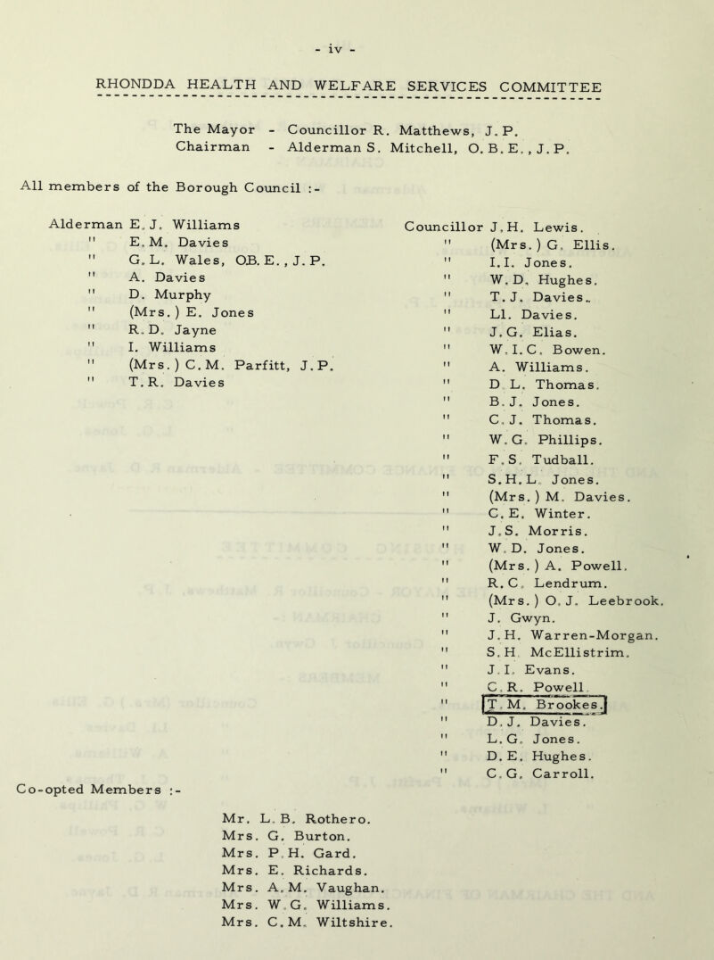 RHONDDA HEALTH AND WELFARE SERVICES COMMITTEE The Mayor - Councillor R. Matthews, J. P. Chairman - Alderman S. Mitchell, O. B.E,,J.P. All members of the Borough Council Alderman E. J. Williams  E,M, Davies  G.L. Wales, OB. E. , J. P.  A. Davies  D. Murphy  (Mrs. ) E. Jones  R. D. Jayne  I. Williams  (Mrs.)C.M. Parfitt, J.P.  T. R, Davies Councillor J,H. Lewis.  (Mrs. ) G, Ellis.  1,1. Jones.  W.D. Hughes.  T. J. Davies..  LI. Davies.  J.G. Elias.  W-I.C. Bowen.  A. Williams.  D L. Thomas,  B.J. Jones.  C , J. Thomas.  W. G, Phillips.  F S. Tudball.  S.H.L Jones.  (Mrs. ) M. Davies.  C.E. Winter.  J,S. Morris.  W.D. Jones.  (Mrs. ) A, Powell.  R.C„ Lendrum.  (Mrs.) O, J. Leebrook,  J. Gwyn.  J.H. Warren-Morgan.  S.H McEllistrim.  J. L Evans.  C . R. Powell  HIE Br pokes .j  D, J. Davies .  L, G. Jones.  D. E. Hughes.  C G. Carroll. Co-opted Members :- Mr. L B. Rothero. Mrs. G. Burton. Mrs. PH. Gard. Mrs. E. Richards. Mrs. A. M. Vaughan. Mrs. W.G„ Williams. Mrs. C.M, Wiltshire.