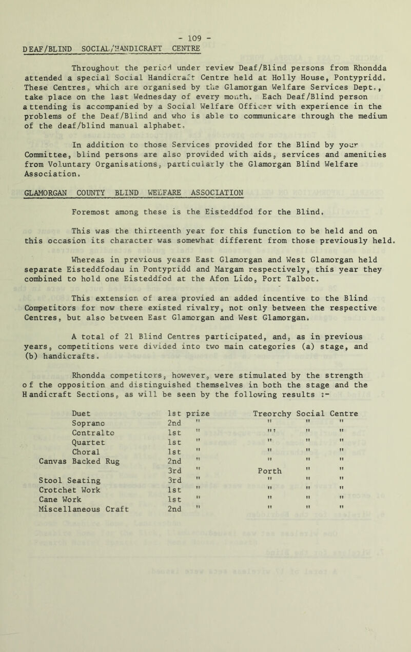 DEAF/BLIND SOCIAL/HANDICRAFT CENTRE Throughout the period under review Deaf/Blind persons from Rhondda attended a special Social Handicraft Centre held at Holly House, Pontypridd, These. Centres, which are organised by the Glamorgan Welfare Services Dept, , take place on the last Wednesday of every month. Each Deaf/Blind person attending is accompanied by a Social Welfare Officer with experience in the problems of the Deaf./Blind and who is able to communicate through the medium of the deaf/blind manual alphabet. In addition to those Services provided for the Blind by your Committee, blind persons are also provided with aids, services and amenities from Voluntary Organisations, particularly the Glamorgan Blind Welfare Association, GLAMORGAN COUNTY BLIND WELFARE ASSOCIATION Foremost among these is the Eisteddfod for the Blind, This was the thirteenth year for this function to be held and on this occasion its character was somewhat different from those previously held. Whereas in previous years East Glamorgan and West Glamorgan held separate Eisteddfodau in Pontypridd and Margam respectively, this year they combined to hold one Eisteddfod at the Afon Lido, Port Talbot, This extension of area provied an added incentive to the Blind Competitors for now there existed rivalry, not only between the respective Centres, but also between East Glamorgan and West Glamorgan, A total of 21 Blind Centres participated, and, as in previous years, competitions were divided into two main categories (a) stage, and (b) handicrafts. Rhondda competitors, however, were stimulated by the strength of the opposition and distinguished themselves in both the stage and the Handicraft Sections, as will be seen by the following results Duet 1st prize Treorchy Social Centre Soprano 2nd  II 11 II Contralto 1st II 1 II II Quartet 1st ,f II II 11 Choral 1st  II 11 II Canvas Backed Rug 2nd II II II 3rd  Porth 11 II Stool Seating 3rd II II 11 Crotchet Work 1st  II II 11 Cane Work 1st  II II 11 Miscellaneous Craft 2nd  If II 11