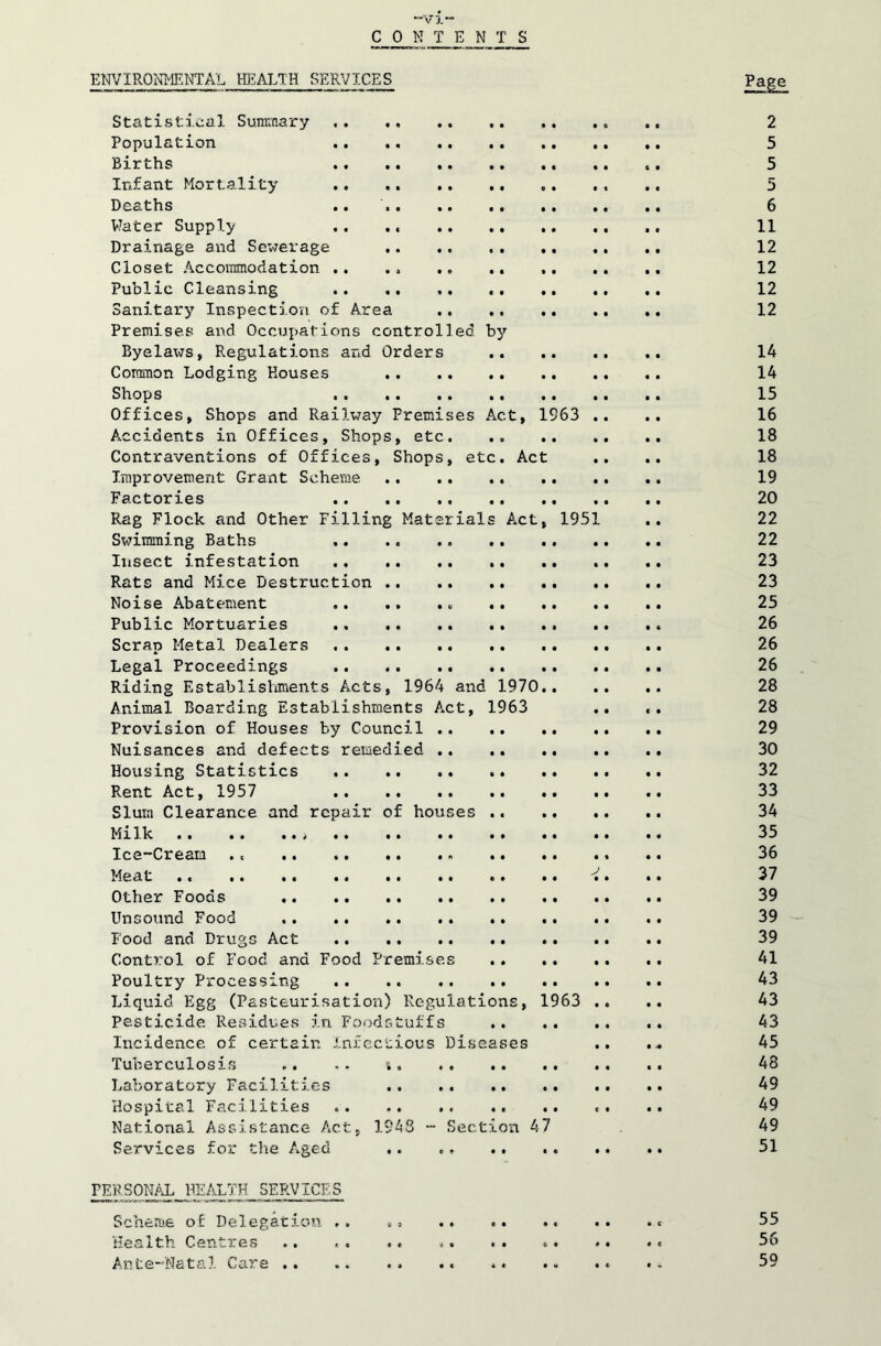 CONTENTS ENVIRONMENTAL HEALTH SERVICES Page Statistical Summary . ., 2 Population 5 Births .. 5 Infant Mortality .. 5 Deaths .. 6 Water Supply .. .« 11 Drainage and Sewerage .. .. 12 Closet Accommodation .. .» . . 12 Public Cleansing 12 Sanitary Inspection of Area ., .. 12 Premises and Occupations controlled by Byelaws, Regulations and Orders 14 Common Lodging Houses 14 Shops 15 Offices, Shops and Railway Fremises Act, 1963 .... 16 Accidents in Offices, Shops, etc 18 Contraventions of Offices, Shops, etc. Act .... 18 Improvement Grant Scheme .. 19 Factories 20 Rag Flock and Other Filling Materials Act, 1951 .. 22 Swimming Baths .. 22 Insect infestation .. .. 23 Rats and Mice Destruction 23 Noise Abatement 25 Public Mortuaries 26 Scrap Metal Dealers 26 Legal Proceedings 26 Riding Establishments Acts, 1964 and 1970 28 Animal Boarding Establishments A.ct, 1963 .... 28 Provision of Houses by Council .. 29 Nuisances and defects remedied .. .. .. .. .. 30 Housing Statistics 32 Rent Act, 1957 33 Slum Clearance and repair of houses 34 Milk 35 Ice-Cream . . 36 Meat . < .. .. .. .. .. .. .. *•. .. 37 Other Foods 39 Unsound Food .. 39 Food and Drugs Act 39 Control of Food and Food Premises 41 Poultry Processing .. .. 43 Liquid Egg (Pasteurisation) Regulations, 1963 .... 43 Pesticide Residues in Foodstuffs 43 Incidence of certain Infectious Diseases .. .. 45 Tuberculosis .. .. ;. .. 48 Laboratory Facilities 49 Hospital Facilities .. .. 49 National Assistance Act, 1948 - Section 47 49 Services for the Aged .. ., .. 51 PERSONAL HEALTH SERVICES Sememe of Delegation .. .. .. .. .« •• •« 55 health Centres .. * • «. * . «. .. . • .. 5o