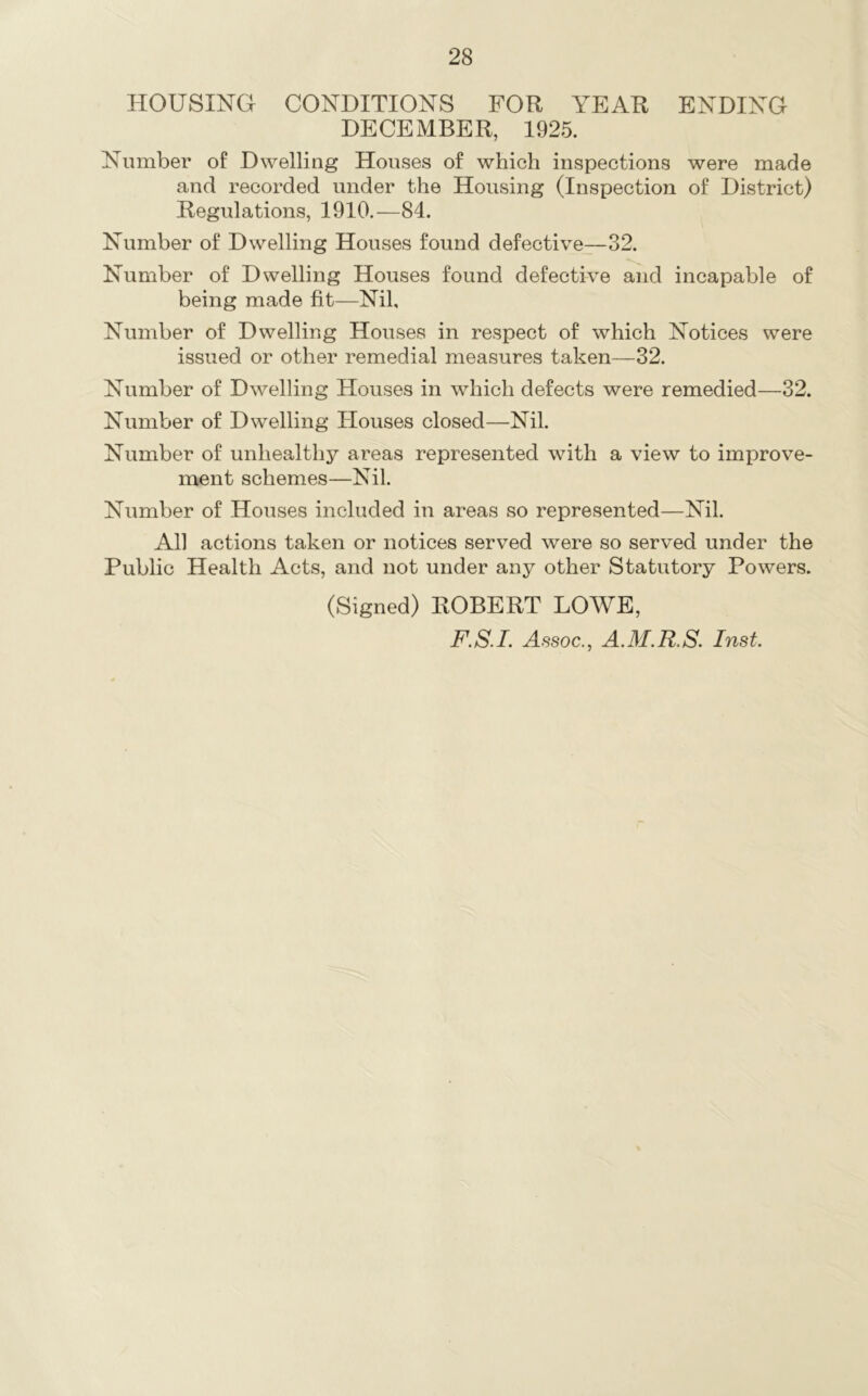 HOUSING CONDITIONS FOR YEAR ENDING DECEMBER, 1925. Number of Dwelling Houses of which inspections were made and recorded under the Housing (Inspection of District) Regulations, 1910.—84. Number of Dwelling Houses found defective—32. Number of Dwelling Houses found defective and incapable of being made fit—Nil, Number of Dwelling Houses in respect of which Notices were issued or other remedial measures taken—32. Number of Dwelling Houses in which defects were remedied—32. Number of Dwelling Houses closed—Nil. Number of unhealthy areas represented with a view to improve- ment schemes—Nil. Number of Houses included in areas so represented—Nil. All actions taken or notices served were so served under the Public Health Acts, and not under any other Statutory Powers. (Signed) ROBERT LOWE, F.S.I. Assoc., A.3I.R.S. Inst.
