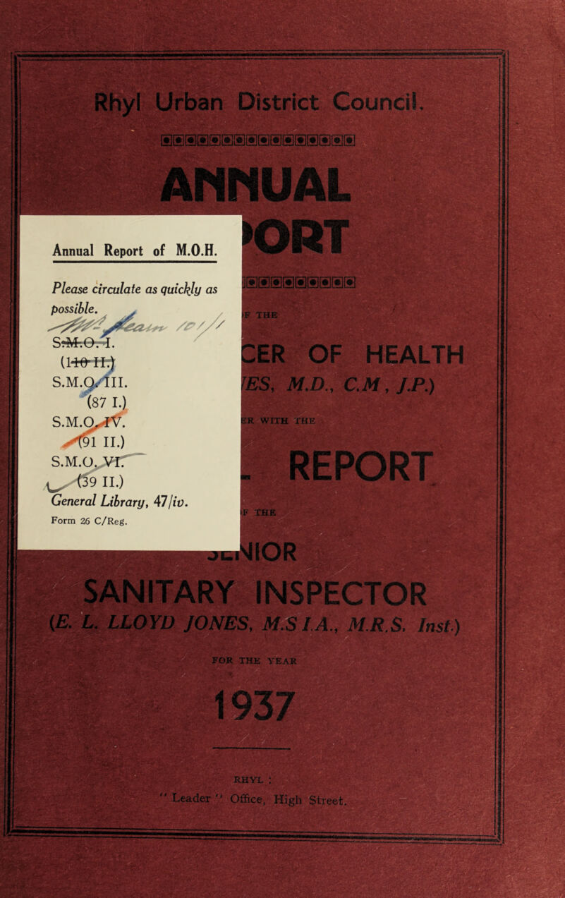 tv' J:-; i^' iL s; Urb^ District Council. ; V ?'.<.-'Js.,ii't ^ j . -*’'*■ r-v i Oi □O n ■ ■ jP^v^'esEtf^ , 'Mi - ’'■ ■vV'TV' AHnUAL Annual Report of M.O.H. Please circulate as quickly us possible. JUSSgUJIlillKll} F THR S.M.^II. (87 I.) S.M^^. II.) S.M.O.,,Vir ' Form 26 C/Reg. ::er Of ^ES, M.D., CM, J.P.y