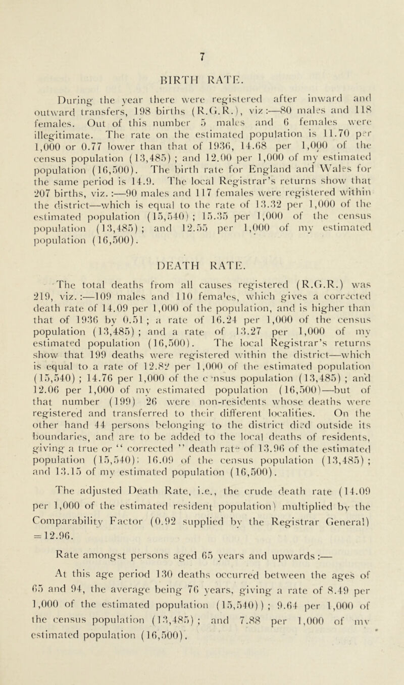 BIRTH RATR. During- the vcar lliere wc're registered after inward and outward transfers, 198 births (R.D.R.), viz:—80 males and 11.8 females. Out of this number T) males and () females were illegitimate. The rate on the estimated population is 11.70 per 1,000 or 0.77 lower than that of 193(i, 14.08 per 1,000 ol the census population (13,485) ; and 12.00 per 1,0()0 ol my estimated population (10,500). The birth rate for England and Wales tor the same period is 14.9. The local Registrar’s returns show that 207 births, viz. :—90 males and 117 females were registered within the district—which is equal to the rate ot l-).32 per 1,000 ol the estimated population (15,540); 15.*)5 per 1,000 ol the census population (13,485); and 12.55 per 1,000 of mv estimated population (16,500). DEATH RATE. •The total deaths from all causes registered (R.G.R.) was 219, viz.:—109 males and 110 females, which gives a ('orrecled death rate of 14.09 per 1,000 of the population, and is higher than that of 1936 bv 0.51; a rate of 16.24 per 1,000 of the census population (13,485); and a rate of 1.3.27 per 1,000 of my estimated population (16,500). The local Registrar’s returns show that 199 deaths were registered within the district—whl('h is equal to a rate of 12.82 per 1,000 of the estimated populatioii (15,540) ; 14.76 per 1,000 of the cmsus population (13,485) ; ancl 12.06 per 1,000 of m\- estimated population (16,500)—but of that number (199) 26 were non-residents whose dea.ths wc're registered and transferred to their dilTerent localities. On the other hand 44 persons belonging to the district died outside its b/oundaries, and are to be added to the local deaths of residents, givirig a true or “ corrected ” death rat^ of 13.96 of the estimaterl populatio?! (15,540); 16.09 of the census population (13,485); and 13.15 of my estimated population (16,500). The adjusted Death Rate, i.e., the crude death rate (14.09 per 1,000 of the estimated resident population) multiplied by the Comparability Factor (0.92 supplied bv the Registrar General) = 12.96. Rate amongst persons aged 65 years and upwards :— At this age period 130 deaths occurred between the ages of 65 and 94, the average being 76 years, giving a rate of 8.49 per 1,000 of the estimated population (15,540)); 9.64 per 1,000 of the census population (13,485); and 7.88 per 1,000 of mv estimated population (16,500).