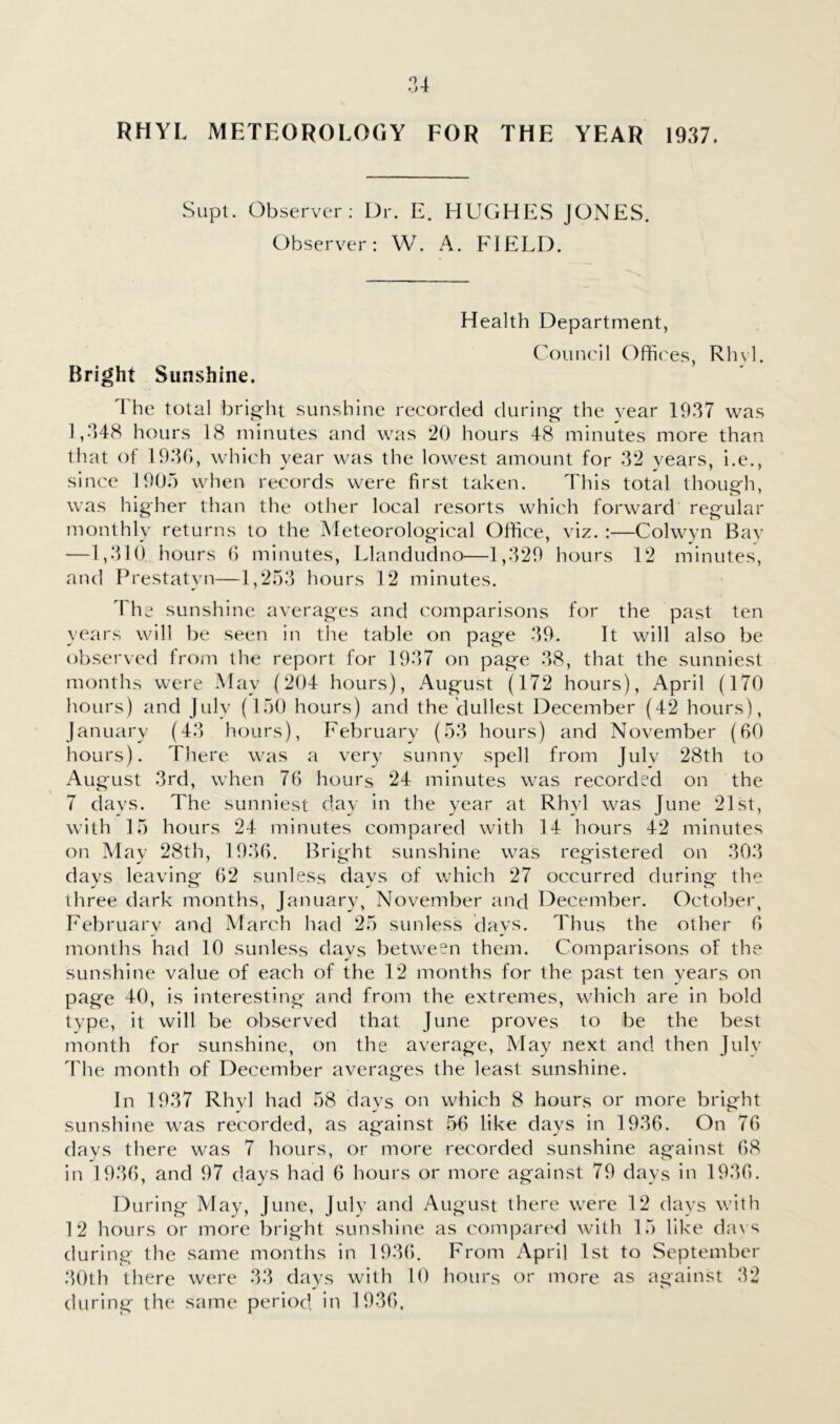 RHYL METEOROLOGY FOR THE YEAR 1937. Siipl. Observer: Dr. E. HUGHES JONES. Observer: W. A. FIELD. Health Department, Council Offices, Rhvl. Bright Sunshine. I he total bright sunshine recorded durincj the vear 1937 was 1,348 hours 18 minutes and was 20 hours 48 minutes more than that of 1930, which year was the lowest amount for 32 vears, i.e., since 190.') when records were first taken. This total thouerh, was higher than the other local resorts which forward regular monthly returns to the Meteorological Office, viz. :—Colwyn Bay —1,310 hours 0 minutes, Llandudno—1,329 hours 12 minutes, and Prestatyn—1,2.33 hours 12 minutes. 4'he sunshine averages and comparisons for the past ten years will be seen in the table on page 39. It will also be observed from the report for 1937 on page 38, that the sunniest months were May (204 hours), August (172 hours), April (170 hours) and July (150 hours) and the dullest December (42 hours), January (43 hours), February (53 hours) and November (60 hours). There was a very sunny spell from Julv 28th to August 3rd, when 76 hours 24 minutes was recorded on the 7 days. The sunniest day in the year at Rhyl was June 21st, with 15 hours 24 minutes compared with 14 hours 42 minutes on May 28th, 1936. Bright sunshine was registered on 303 davs leaving- 62 sunless davs of which 27 occurred during the three dark months, January, November and December. October, February and March had 25 sunless days. Thus the other 6 months had 10 sunless days between them. Comparisons of the sunshine value of each of the 12 months for the past ten years on page 40, is Interesting and from the extremes, which are in bold type, it will be observed that June proves to be the best month for sunshine, on the average, May next and then July The month of December averages the least sunshine. In 1937 Rhyl had 58 days on which 8 hours or more bright sunshine was recorded, as against 56 like days in 1936. On 76 days there was 7 hours, or more recorded sunshine against 68 In 1936, and 97 days had 6 hours or more against 79 days In 1936. During May, June, July and August there were 12 days with 12 hours or more bright sunshine as compartM with 15 like davs during the same months in 1936. From April 1st to September 30th there were 33 days with 10 hours or more as against 32 during the same period in 1936.