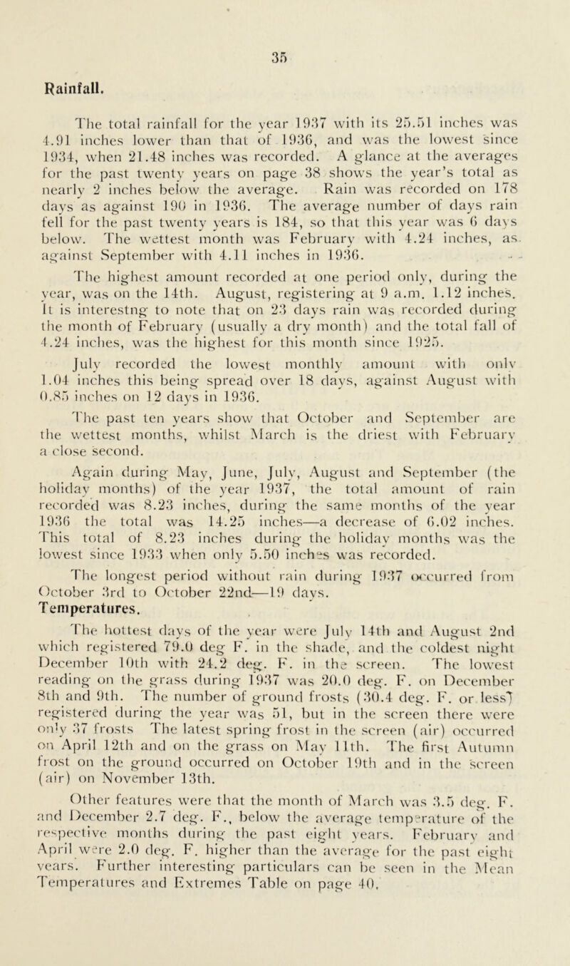 Rainfall. I'he total rainfall for the year 1937 with its 25.51 inches was 4.91 Inches lower than that of 1936, and was the lowest since 1934, when 21.48 inches was recorded. A glance at the averages for the past twenty years on page 38 shows the year’s total as nearly 2 inches below the average. Rain was recorded on 178 days as against 190 in 1936. The average number of days rain fell for the past twenty years is 184, so that this year was 6 days below. The we.ttest month was February with 4.24 inches, as. against September with 4.11 Inches in 1936. The highest amount recorded at one period only, during the year, was on the 14th. August, registering at 9 a.m. 1.12 inches, 11 is interesting to note that on 23 days rain was recorded during the month of February (usually a dry month) and the total fall of 4.24 inches, was the highest for this month since 1925. July recorded the lowest monthly amount with onlv 1.04 inches this being spread over 18 days, against August with 0.85 inches on 12 days in 1936. The past ten years show that October and September are the wettest months, whilst March is the driest with February a close second. Again during May, June, July, August and September (the holiday months) of the year 1937, the total amount of rain recorded was 8.23 inches, durin^r the same months of the vear 1936 the total was 14.25 inches—a decrease of 6.02 inches. This total of 8.23 inches during the holidav months was the lowest since 1933 when onlv 5.50 inches was recorded. The longest period without rain during 1937 (xauirred from October 3rd to October 22nd—19 davs. Temperatures. d'he hottest days of the year were July 14th and August 2nd which registered 79.0 deg F. in the shade, and the coldest night December 10th with 24.2 deg. F. in the screen. The lowest reading on the grass during 1937 was 20.0 deg. F. on December 8th and 9th. The number of ground frosts (30.4 deg. F. or less! registered during the year was 51, but in the screen there were on’y 37 frosts The latest spring frost in the screen (air) occurred on April 12th and on the grass on May 11th. d'he first Autumn frost on the ground occurred on October 19th and in the screen (air) on November 13th. Other features were that the month of March was 3.5 deg. F. and December 2.7 deg. F., below the average temperature of the respective months during the past eight years. February and April were 2.0 deg. F, higher than the average for the past eighi vears. Further interesting particulars can be seen in the IMean Temperatures and Extremes Table on page 40.
