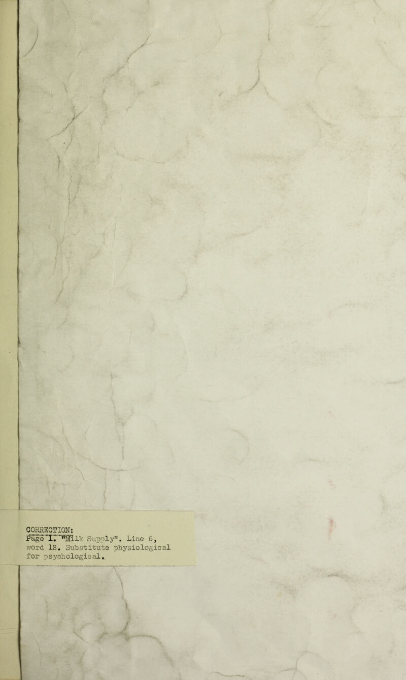 CORRECTION: Page 1. Milk Supply. Line 6, word 12. Substitute physiological for psychological.. S
