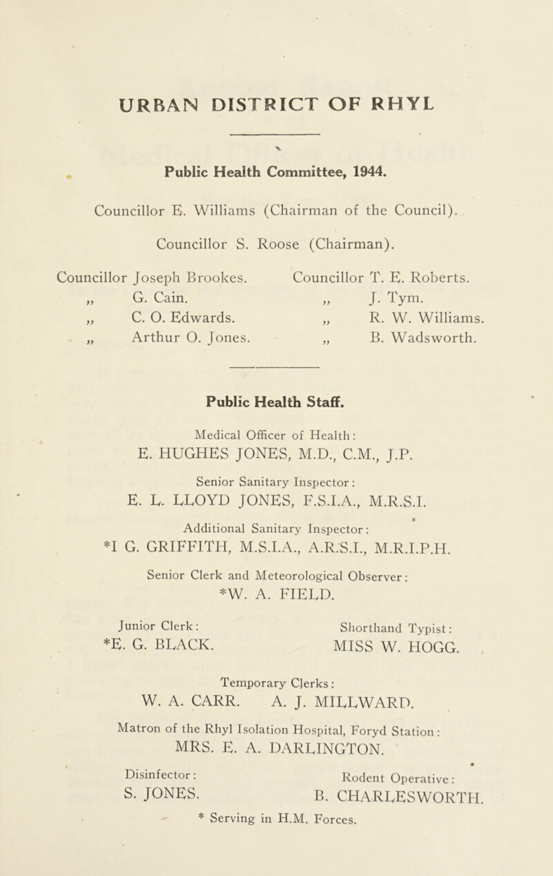 URBAN DISTRICT OF RHYL X Public Health Committee, 1944. Councillor E. Williams (Chairman of the Council). Councillor S. Roose (Chairman). Councillor Joseph Brookes. „ G. Cain. „ C. 0. Edwards. „ Arthur O. [ones. Councillor T. E. Roberts. „ J. Tym. „ R. W. Williams „ B. Wadsworth. Public Health Staff. Medical Officer of Health: E. HUGHES JONES, M.D., C.M., J.P. Senior Sanitary Inspector: E. E. EEOYD JONES, F.S.I.A., M.R.S.I. Additional Sanitary Inspector: *1 G. GRIFFITH, M.S.I.A., A.R.S.I., M.R.I.P.H. Senior Clerk and Meteorological Observer: *W. A. FIELD. Junior Clerk: Shorthand Typist: *E. G. BLACK. MISS W. HOGG. Temporary Clerks: W. A. CARR. A. J. MILLWARD. Matron of the Rhyl Isolation Hospital, Foryd Station : MRS. E. A. DARLINGTON. Disinfector . Rodent Operative : S. JONES. B. CHARLESWORTH * Serving in H.M. Forces.