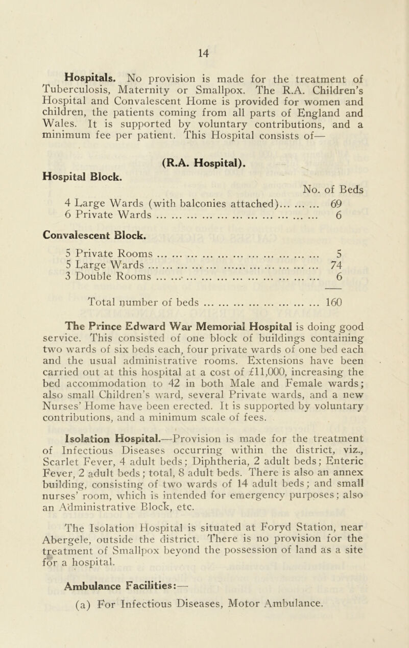 Hospitals. No provision is made for the treatment of Tuberculosis, Maternity or Smallpox. The R.A. Children’s Hospital and Convalescent Home is provided for women and children, the patients coming from all parts of England and Wales. It is supported by voluntary contributions, and a minimum fee per patient. This Hospital consists of— (R.A. Hospital). Hospital Block. No. of Beds 4 Large Wards (with balconies attached) 69 6 Private Wards 6 Convalescent Block. 5 Private Rooms 5 5 Large Wards 74 3 Double Rooms * 6 Total number of beds 160 The Prince Edward War Memorial Hospital is doing good service. This consisted of one block of buildings containing two wards of six beds each, four private wards of one bed each and the usual administrative rooms. Extensions have been carried out at this hospital at a cost of £11,000, increasing the bed accommodation to 42 in both Male and Female wards; also small Children’s ward, several Private wards, and a new Nurses’ Home have been erected. It is supported by voluntary contributions, and a minimum scale of fees. t Isolation Hospital.—Provision is made for the treatment of Infectious Diseases occurring within the district, viz., Scarlet Fever, 4 adult beds; Diphtheria, 2 adult beds; Enteric Fever, 2 adult beds; total, 8 adult beds. There is also an annex building, consisting of two wards of 14 adult beds; and small nurses’ room, which is intended for emergency purposes; also an Administrative Block, etc. The Isolation Hospital is situated at Foryd Station, near Abergele, outside the district. There is no provision for the treatment of Smallpox beyond the possession of land as a site for a hospital. » Ambulance Facilities:— (a) For Infectious Diseases, Motor Ambulance.