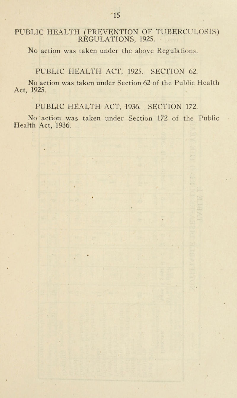 PUBLIC HEALTH (PREVENTION OF TUBERCULOSIS) REGULATIONS, 1925. • No action was taken under the above Regulations. PUBLIC HEALTH ACT, 1925. SECTION 62. No action was taken under Section 62 of the Public Health Act, 1925. PUB El C HEALTH ACT, 1936. SECTION 172. No action was taken under Section 172 of the Public Health Act, 1936.