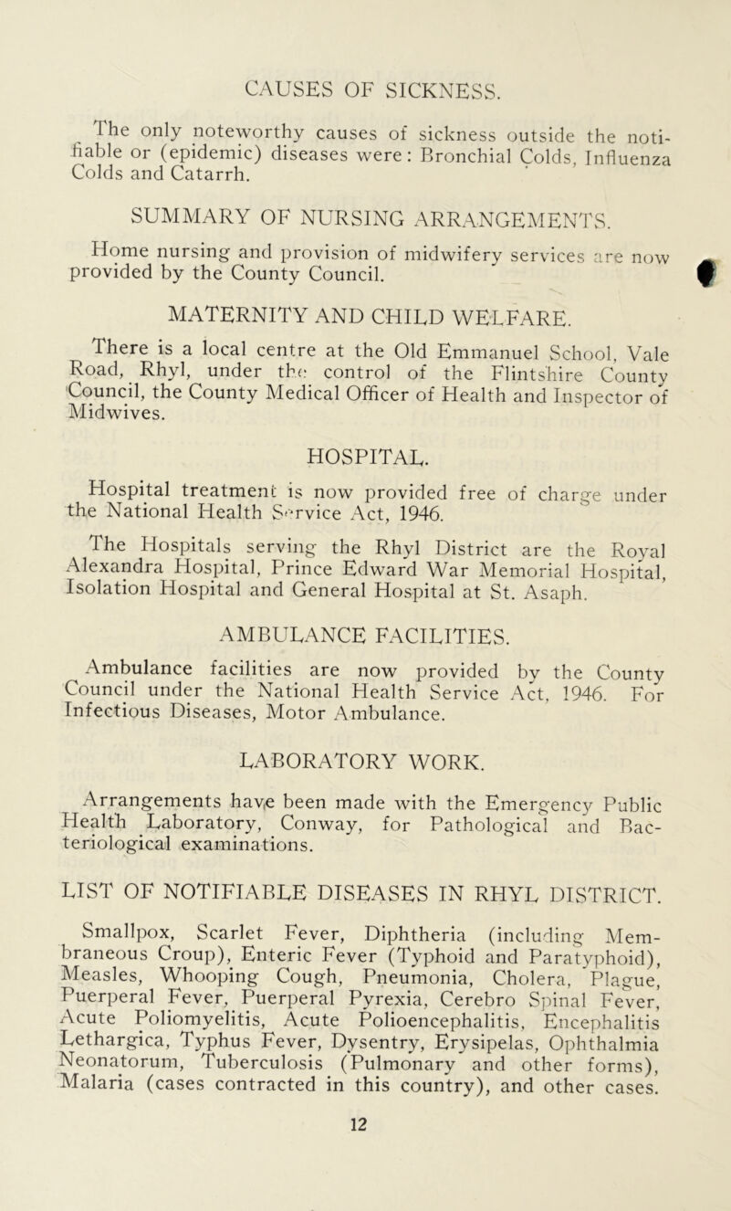 CAUSES OF SICKNESS. The only noteworthy causes of sickness outside the noti- fiable or (epidemic) diseases were: Bronchial Colds, Influenza Colds and Catarrh. SUMMARY OF NURSING ARRANGEMENTS. Home nursing and provision of midwifery services are now provided by the County Council. MATERNITY AND CHIED WELFARE. There is a local centre at the Old Emmanuel School, Vale Road, Rhyl, under the control of the Flintshire County Council, the County Medical Officer of Health and Inspector of Midwives. HOSPITAE. Hospital treatment is now provided free of charge under the National Health Service Act, 1946. The Hospitals serving the Rhyl District are the Royal Alexandra Hospital, Prince Edward War Memorial Hospital, Isolation Hospital and General Hospital at St. Asaph. AMBULANCE FACILITIES. Ambulance facilities are now provided by the County Council under the National Health Service Act, 1946. For Infectious Diseases, Motor Ambulance. LABORATORY WORK. Arrangements havte been made with the Emergency Public Health Laboratory, Conway, for Pathological and Bac- teriological examinations. LIST OF NOTIFIABLE DISEASES IN RHYL DISTRICT. Smallpox, Scarlet Fever, Diphtheria (including Mem- braneous Croup), Enteric Fever (Typhoid and Paratyphoid), Measles, Whooping Cough, Pneumonia, Cholera, Plague, Puerperal Fever, Puerperal Pyrexia, Cerebro Spinal Fever,’ Acute Poliomyelitis, Acute Polioencephalitis, Encephalitis Lethargica, Typhus Fever, Dysentry, Erysipelas, Ophthalmia Neonatorum, Tuberculosis (Pulmonary and other forms), Malaria (cases contracted in this country), and other cases.