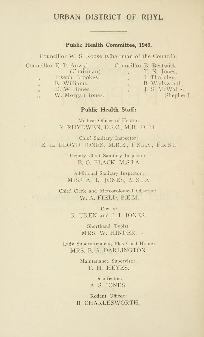 URBAN DISTRICT OF RHYL Public Health Committee, 1949. Councillor W. S. Roose (Chairman of the Council). Councillor E. T. Anwyl (Chairman). „ Joseph Brookes. „ E. Williams. „ D. W. Jones. „ W. Morgan Jones. Councillor B. Bestwick. „ T. N. Jones. „ J. Thornley. „ B. Wadsworth. „ J. S. Me Walter Shepherd. Public Health Staff: Medical Officer of Health: R. RHYDWEN, D.S.C., M.B., D.P.H. Chief Sanitary Inspector: E. E. LEO YD JONES, M.B,E., F,S,I.A, F,R,S,I. Deputy Chief Sanitary Inspector: E. G. BEACK, M.S.I.A. Additional Sanitary Inspector: MISS A. E. JONES, M.S.I.A. Chief Clerk and Meteorological Observer: W. A. FIEED, B.E.M. Clerks: R. UREN and J. I. JONES. Shorthand Typist: MRS. W. HINDER. - Bady Superintendent, Plas Coed Home MRS. E. A. DAREINGTON. Maintenance Supervisor: T. H. HEYES. Disinfector: A. S. JONES. Rodent Officer: B. CHARLESWORTH.