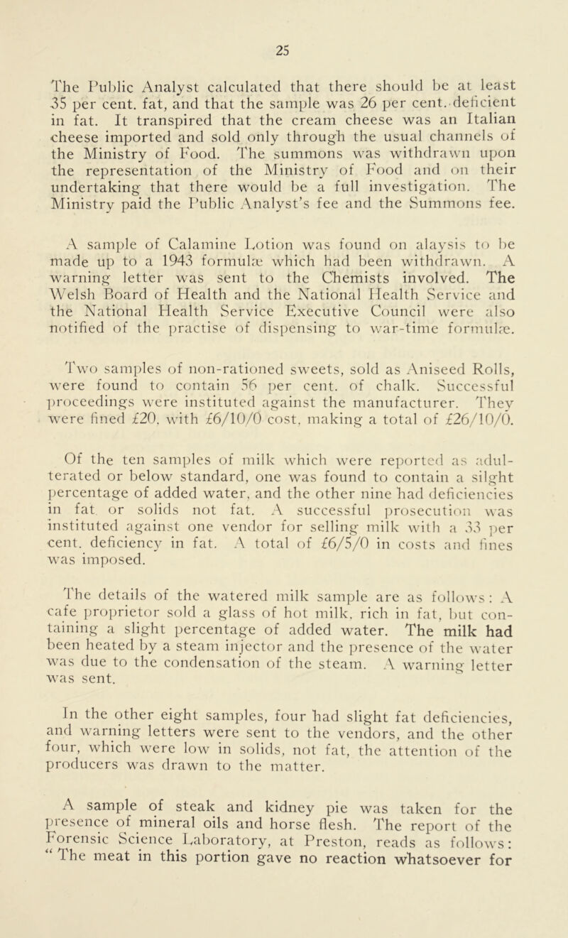 The Public Analyst calculated that there should be at least 35 per cent, fat, and that the sample was 26 per cent, deficient in fat. It transpired that the cream cheese was an Italian cheese imported and sold only through the usual channels of the Ministry of Food. The summons was withdrawn upon the representation of the Ministry of Food and on their undertaking that there would be a full investigation. 'The Ministry paid the Public Analyst’s fee and the Summons fee. A sample of Calamine Lotion was found on alaysis to be made up to a 1943 formulae which had been withdrawn. A warning letter was sent to the Chemists involved. The Welsh Board of Health and the National Health Service and the National Health Service Executive Council were also notified of the practise of dispensing to war-time formulae. Two samples of non-rationed sweets, sold as Aniseed Rolls, were found to contain 56 per cent, of chalk. Successful proceedings were instituted against the manufacturer. They were fined £20, with £6/10/0 cost, making a total of £26/10/0. Of the ten samples of milk which were reported as adul- terated or below standard, one was found to contain a silght percentage of added water, and the other nine had deficiencies in fat. or solids not fat. A successful prosecution was instituted against one vendor for selling milk with a 33 per cent, deficiency in fat. A total of £6/5/0 in costs and fines was imposed. The details of the watered milk sample are as follows: A cafe proprietor sold a glass of hot milk, rich in fat, but con- taining a slight percentage of added water. The milk had been heated by a steam injector and the presence of the water was due to the condensation of the steam. A warning letter was sent. In the other eight samples, four had slight fat deficiencies, and warning letters were sent to the vendors, and the other four, which were low in solids, not fat, the attention of the producers was drawn to the matter. A sample of steak and kidney pie was taken for the piesence of mineral oils and horse flesh. The report of the Forensic Science Laboratory, at Preston, reads as follows i Ihe meat in this portion gave no reaction whatsoever for