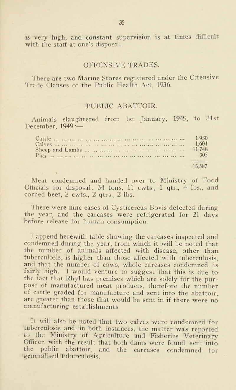 is very high, and constant supervision is at times difficult with the staff at one’s disposal. OFFENSIVE TRADES. There are two Marine Stores registered under the Offensive Trade Clauses of the Public Health Act, 1936. PUBLIC ABATTOIR. Animals slaughtered from 1st January, 1949, to 31st December, 1949:— Cattle 1,930 Calves 1,604 Sheep and bambs 11,748 Pigs 305 15,587 % Meat condemned and handed over to Ministry of Food Officials for disposal: 34 tons, 11 cwts., 1 qtr., 4 lbs., and corned beef, 2 cwts., 2 qtrs., 2 lbs. There were nine cases of Cysticercus Bovis detected during the year, and the carcases were refrigerated for 21 days before release for human consumption. I append herewith table showing the carcases inspected and condemned during the year, from which it will be noted that the number of animals affected with disease, other than tuberculosis, is higher than those affected with tuberculosis, and that the number of cows, whole carcases condemned, is fairly high. I would venture to suggest that this is due to the fact that Rhyl has premises which are solely for the pur- pose of manufactured meat products, therefore the number of cattle graded for manufacture and sent into the abattoir,, are greater than those that would be sent in if there were no- manufacturing establishments. It will also be noted that two calves were condemned for tuberculosis and, in both instances, the matter was reported to the Ministry of Agriculture and Fisheries Veterinary Officer, with the result that both dams were found, sent into the public abattoir, and the carcases condemned for generalised tuberculosis.