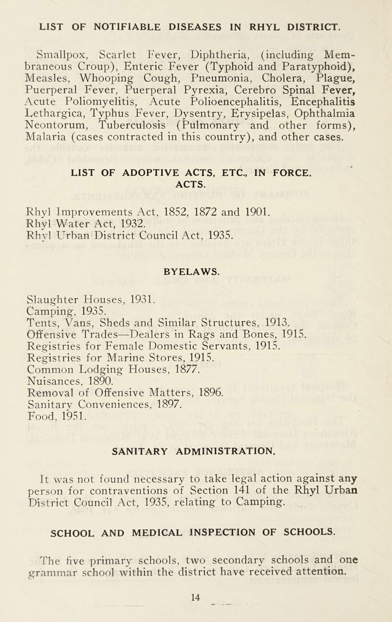 LIST OF NOTIFIABLE DISEASES IN RHYL DISTRICT. Smallpox, Scarlet Fever, Diphtheria, (including Mem- braneous Croup), Enteric Fever (Typhoid and Paratyphoid), Measles, Whooping Cough, Pneumonia, Cholera, Plague, Puerperal Fever, Puerperal Pyrexia, Cerebro Spinal Fever, Acute Poliomyelitis, Acute Polioencephalitis, Encephalitis Lethargica, Typhus Fever, Dysentry, Erysipelas, Ophthalmia Neontorum, Tuberculosis (Pulmonary and other forms), Malaria (cases contracted in this country), and other cases. LIST OF ADOPTIVE ACTS, ETC., IN FORCE. ACTS. Rhyl Improvements Act, 1852, 1872 and 1901. Rhyl Water Act, 1932. Rhyl Urban District Council Act, 1935. BYELAWS. Slaughter Houses, 1931. Camping, 1935. Tents, Vans, Sheds and Similar Structures, 1913. Offensive Trades—Dealers in Rags and Bones, 1915. Registries for Female Domestic Servants, 1915. Registries for Marine Stores, 1915. Common Lodging Houses, 1877. Nuisances, 1890. Removal of Offensive Matters, 1896. Sanitary Conveniences, 1897. Food, 1951. SANITARY ADMINISTRATION. It was not found necessary to take legal action against any person for contraventions of Section 141 of the Rhyl Urban District Council Act, 1935, relating to Camping. SCHOOL AND MEDICAL INSPECTION OF SCHOOLS. The five primary schools, two secondary schools and one grammar school within the district have received attention.