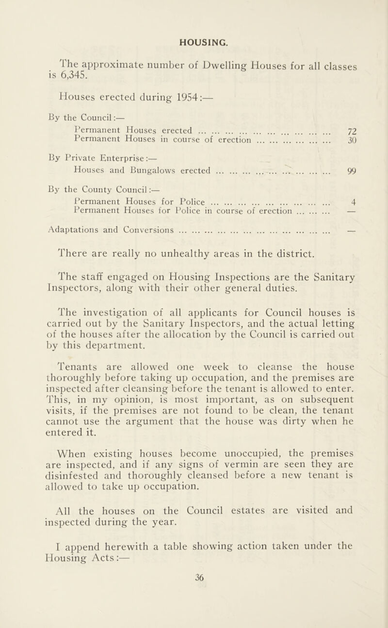 HOUSING. The approximate number of Dwelling Houses for all classes is 6,345. Houses erected during 1954:— By the Council:— Permanent Houses erected 72 Permanent Houses in course of erection k) By Private Enterprise:— Houses and Bungalows erected 99 By the County Council:— l^ermanent Houses for Police 4 Permanent Houses for Police in course of erection Adaptations and Conversions There are really no unhealthy areas in the district. The staff engaged on Housing Inspections are the Sanitary Inspectors, along with their other general duties. The investigation of all applicants for Council houses is carried out by the Sanitary Inspectors, and the actual letting of the houses after the allocation by the Council is carried out by this department. Tenants are allowed one week to cleanse the house thoroughly before taking up occupation, and the premises are inspected after cleansing before the tenant is allowed to enter. This, in my opinion, is most important, as on subsequent visits, if the premises are not found to be clean, the tenant cannot use the argument that the house was dirty when he entered it. When existing houses become unoccupied, the premises are inspected, and if any signs of vermin are seen they are disinfested and thoroughly cleansed before a new tenant is allowed to take up occupation. All the houses on the Council estates are visited and inspected during the year. I append herewith a table showing action taken under the Plousing Acts:—