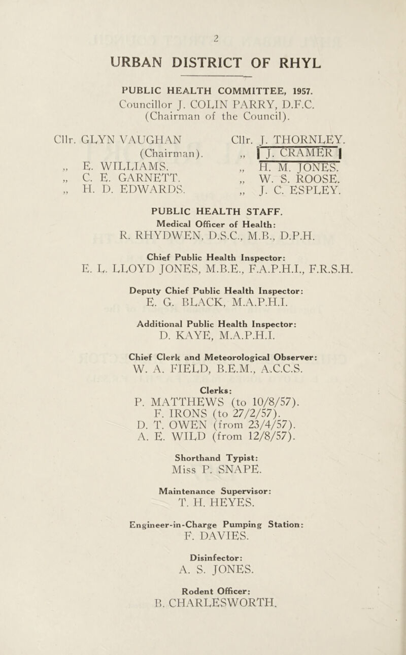 URBAN DISTRICT OF RHYL PUBLIC HEALTH COMMITTEE, 1957. Councillor J. COLIN PARRY, D.F.C. (Chairman of the Council). Cllr. GLYN VAUGHAN (Chairman). „ E. WILLIAMS. „ C. E. GARNETT. „ H. D. EDWARDS. Cllr. J. THORNLEY. „ | J. CRAMER | „ H. M. JONES. „ W. S. ROOSE. „ J. C. ESPLEY. PUBLIC HEALTH STAFF. Medical Officer of Health: R. RHYDWEN. D.S.C., M.B., D.P.H. Chief Public Health Inspector: E. L. LLOYD JONES, M.B.E., F.A.P.H.I., F.R.S.H. Deputy Chief Public Health Inspector: E. G. BLACK, M.A.P.H.I. Additional Public Health Inspector: D. KAYE, M.A.P.H.I. Chief Clerk and Meteorological Observer: W. A. FIELD, B.E.M., A.C.C.S. Clerks* P. MATTHEWS (to 10/8/57). F. IRONS (to 27/2/57). D. T. OWEN (from 23/4/57). A. E. WILD (from 12/8/57). Shorthand Typist: Miss P. SNAPE. Maintenance Supervisor: T. H. HEYES. Eneineer-in-Charge Pumping Station: F. DAVIES. Disinfector: A. S. JONES. Rodent Officer: P,. CHARLESWORTFI.