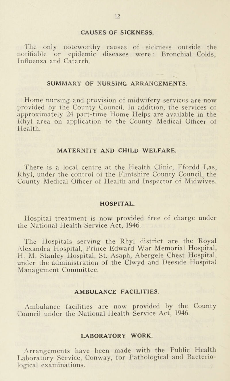 CAUSES OF SICKNESS. The only noteworthy causes of sickness outside the notifiable or epidemic diseases were: Bronchial Colds, Influenza and Catarrh. SUMMARY OF NURSING ARRANGEMENTS. Home nursing and provision of midwifery services are now provided by the County Council. In addition, the services of approximately 24 part-time Home Helps are available in the Rhyl area on application to the County Medical Officer of Health. MATERNITY AND CHILD WELFARE. There is a local centre at the Health Clinic, Ffordd Las, Rhyl, under the control of the Flintshire County Council, the County Medical Officer of Health and Inspector of Midwives. HOSPITAL. Hospital treatment is now provided free of charge under the National Health Service Act, 1946. The Hospitals serving the Rhyl district are the Royal Alexandra Hospital, Prince Edward War Memorial Hospital, H. M. Stanley Hospital, St. Asaph, Abergele Chest Hospital, under the administration of the Clwyd and Deeside Hospital Management Committee. AMBULANCE FACILITIES. Ambulance facilities are now provided by the County Council under the National Health Service Act, 1946. LABORATORY WORK. Arrangements have been made with the Public Health Laboratory Service, Conway, for Pathological and Bacterio- logical examinations.