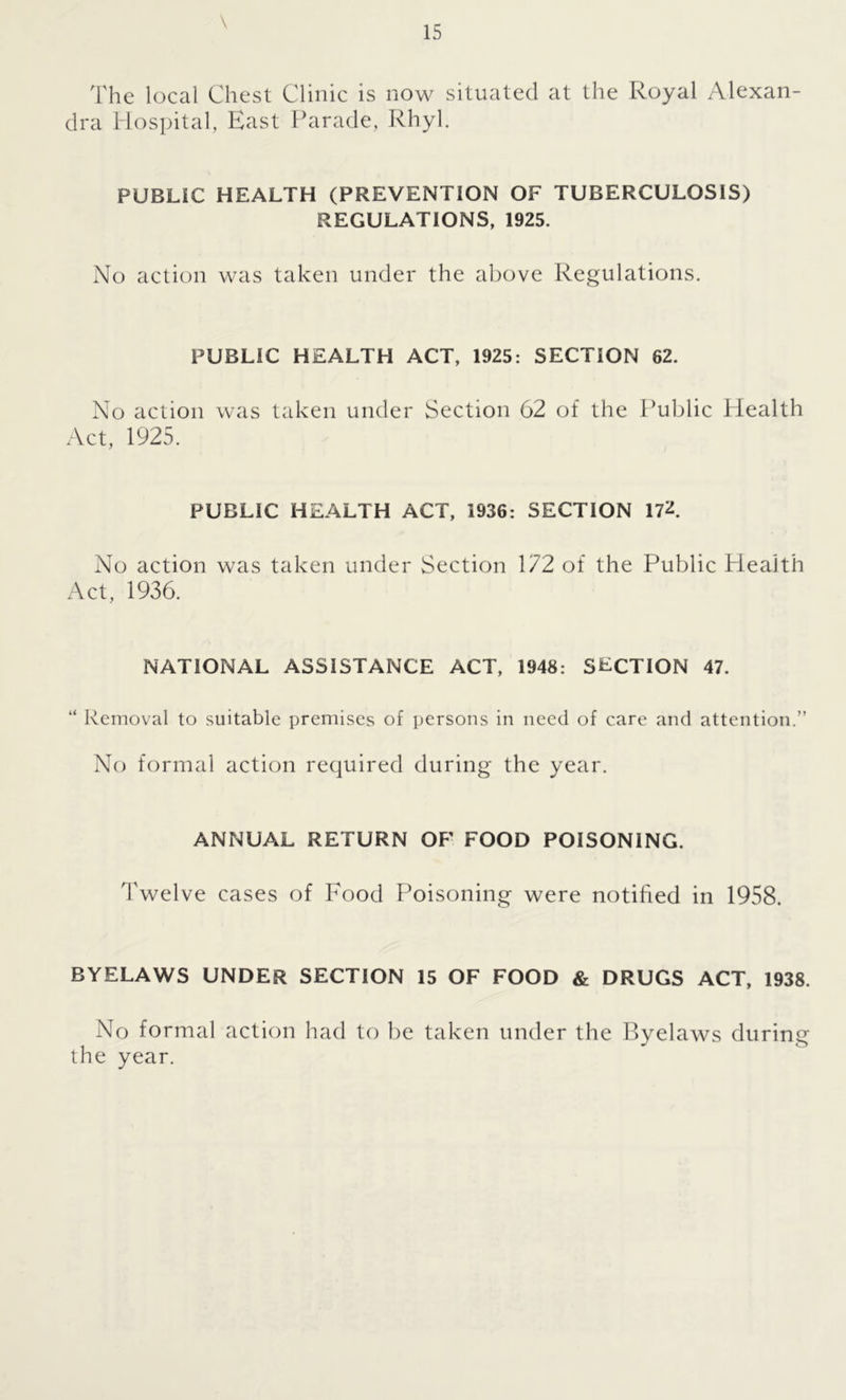 \ The local Chest Clinic is now situated at the Royal Alexan- dra Hospital, East Parade, Rhyl. PUBLIC HEALTH (PREVENTION OF TUBERCULOSIS) REGULATIONS, 1925. No action was taken under the above Regulations. PUBLIC HEALTH ACT, 1925: SECTION 62. No action was taken under Section 62 of the Public Health Act, 1925. PUBLIC HEALTH ACT, 1936: SECTION 17^. No action was taken under Section 172 of the Public Health Act, 1936. NATIONAL ASSISTANCE ACT, 1948: SECTION 47. “ Removal to suitable premises of persons in need of care and attention.” No formal action required during the year. ANNUAL RETURN OF FOOD POISONING. Twelve cases of Food Poisoning were notified in 1958. BYELAWS UNDER SECTION 15 OF FOOD & DRUGS ACT, 1938. No formal action had to be taken under the Byelaws during the year.