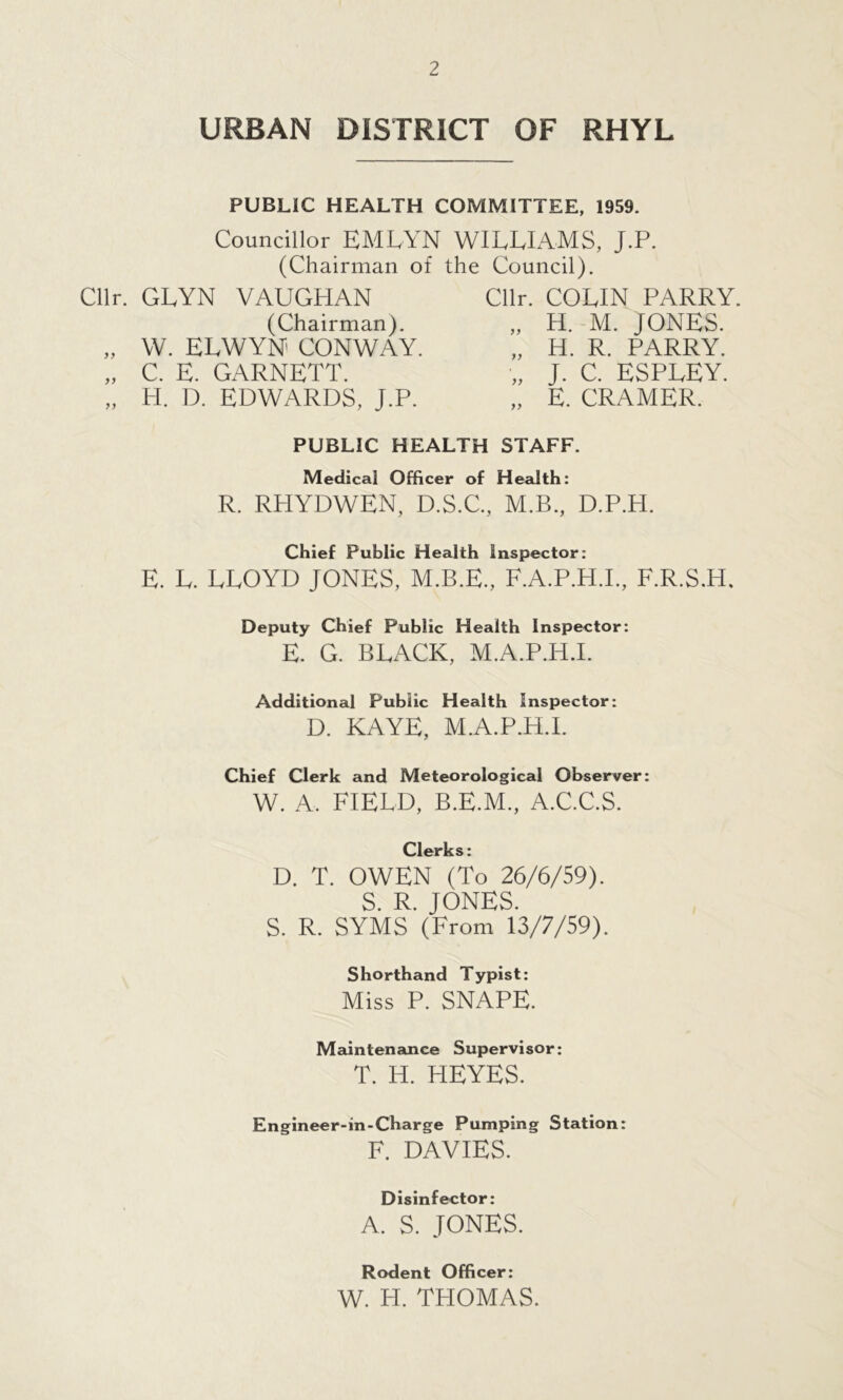 URBAN DISTRICT OF RHYL PUBLIC HEALTH COMMITTEE, 1959. Councillor EMLYN WILLIAMS, J.P. (Chairman of the Council). CUr. GLYN VAUGHAN (Chairman). „ W. ELWYN' CONWAY. „ C. E. GARNETT. „ H. D. EDWARDS, J.P. Cllr. COLIN PARRY. „ H. M. JONES. „ H. R. PARRY. „ J. C. ESPLEY. „ E. CRAMER. PUBLIC HEALTH STAFF. Medical Officer of Health: R. RHYDWEN, D.S.C., M.B., D.P.H. Chief Public Health Inspector: E. L. LLOYD JONES, M.B.E., F.A.P.H.I., F.R.S.H. Deputy Chief Public Health Inspector: E. G. BLACK, M.A.P.H.I. Additional Public Health inspector: D. KAYE, M.A.P.H.I. Chief Clerk and Meteorological Observer: W. A, FIELD, B.E.M., A.C.C.S. Clerks: D. T. OWEN (To 26/6/59). S. R. JONES. S. R. SYMS (From 13/7/59). Shorthand Typist: Miss P. SNAPE. Maintenance Supervisor: T. H. HEYES. Engineer-m-Charge Pumping Station: F. DAVIES. Disinfector: A. S. JONES. Rodent Officer: W. H. THOMAS.