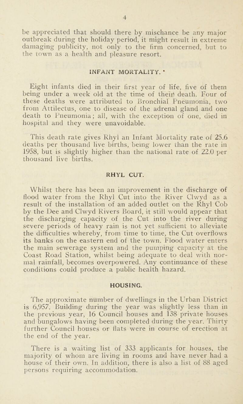 be appreciated that should there by mischance be any major outbreak during the holiday period, it might result in extreme damaging publicity, not only to the firm concerned, but to the town as a health and pleasure resort. INFANT MORTALITY. * Eight infants died in their first year of life, five of them being under a week old at the time of theifi death. Four of these deaths were attributed to Bronchial Pneumonia, two from Attilectus, one to disease of the adrenal gland and one death to Pneumonia; all, with the exception of one, died in hospital and they were unavoidable. This death rate gives Rhyl an Infant Mortality rate of 25.6 deaths per thousand live births, being lower than the rate in 1958, but is slightly higher than the national rate of 22.0 per thousand live births. RHYL CUT. Whilst there has been an improvement in the discharge of Hood water from the Rhyl Cut into the River Clwyd as a result of the installation of an added outlet on the Rhyl Cob by the Dee and Clwyd Rivers Board, it still would appear that the discharging capacity of the Cut into the river during severe periods of heavy rain is not yet sufficient to alleviate the difficulties whereby, from time to time, the Cut overflows its banks on the eastern end of the town. Flood water enters the main sewerage system and the pumping capacity at the Coast Road Station, whilst being adequate to deal with nor- mal rainfall, becomes overpowered. Any continuance of these conditions could produce a public health hazard. HOUSING. The approximate number of dwellings in the Urban District is 6,957. Building during the year was slightly less than in the previous year, 16 Council houses and 138 private houses and bungalows having been completed during the year. Thirty further Council houses or flats were in course of erection at the end of the year. There is a waiting list of 333 applicants for houses, the majority of whom are living in rooms and have never had a house of their own. In addition, there is also a list of 88 aged persons requiring accommodation.