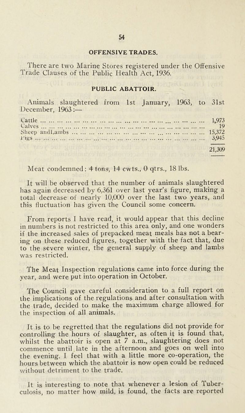 OFFENSIVE TRADES. There are two Marine Stores registered under the Offensive Trade Clauses of the Public Health Act, 1936. PUBLIC ABATTOIR. Animals slaughtered from 1st January, 1963, to 31st December, 1963:— Cattle 1„973 Calves 19 Sheep andhambs ..., 15,372 Pigs 3,945 21,309 Meat condemned: 4 tons, 14 cwts., 0 qtrs., 18 lbs. It will be observed that the number of animals slaughtered has again decreased by 6,361 over last year’s figure, making a total decrease of nearly 10,000 over the last two years, and this fluctuation has given the Council some concern. From reports I have read, it would appear that this decline in numbers is not restricted to this area only, and one wonders if the increased sales of prepacked meat meals has not a bear- ing on these reduced figures, together with the fact that, due to the severe winter, the general supply of sheep and lambs was restricted. The Meat Inspection regulations came into force during the year, and were put into operation in October. The Council gave careful consideration to a full report on the implications of the regulations and after consultation with the trade, decided to make the maximum charge allowed for the inspection of all animals. It is to be regretted that the regulations did not provide for controlling the hours of slaughter, as often it is found that, whilst the abattoir is open at 7 a.m., slaughtering does not commence until late in the afternoon and goes on well into the evening. I feel that with a little more co-operation, the hours between which the abattoir is now open could be reduced without detriment to the trade. It is interesting to note that whenever a lesion of Tuber- culosis, no matter how mild, is found, the facts are reported