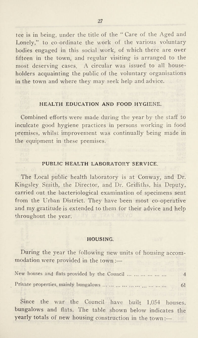 tee is in being, under the title of the “ Care of the Aged and Lonely,” to co-ordinate the work of the various voluntary bodies engaged in this social work, of which there are over fifteen in the town, and regular visiting is arranged to the most deserving cases. A circular was issued to all house- holders acquainting the public of the voluntary organisations in the town and where they may seek help and advice. HEALTH EDUCATION AND FOOD HYGIENE. Combined efforts were made during the year by the staff to inculcate good hygiene practices in persons working in food premises, whilst improvement was continually being made in the equipment in these premises. PUBLIC HEALTH LABORATORY SERVICE. The Local public health laboratory is at Conway, and Dr. Kingsley Smith, the Director, and Dr. Griffiths, his Deputy, carried out the bacteriological examination of specimens sent from the Urban District. They have been most co-operative and my gratitude is extended to them for their advice and help throughout the year. HOUSING. During the year the following- new units of housing accom- modation were provided in the town:— New houses and flats provided by the Council 4 Private properties, mainly bungalows 61 Since the war the Council have built 1,054 houses, bungalows and fiats. The table shown below indicates the yearly totals of new housing construction in the town:—