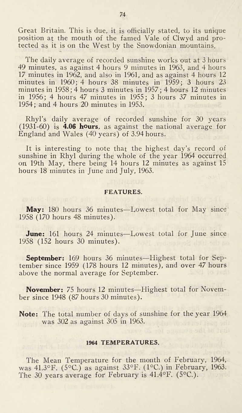 Great Britain. This is due, it is officially stated, to its unique position at the mouth of the famed Vale of Clwyd and pro- tected as it is on the West by the Snowdonian mountains. The daily average of recorded sunshine works out at 3 hours 49 minutes, as against 4 hours 9 minutes in 1963, and 4 hours 17 minutes in 1962, and also in 1961, and as against 4 hours 12 minutes in 1960; 4 hours 38 minutes in 1959; 3 hours 23 minutes in 1958; 4 hours 3 minutes in 1957; 4 hours 12 minutes in 1956; 4 hours 47 minutes in 1955; 3 hours 37 minutes in 1954; and 4 hours 20 minutes in 1953. Rhyl’s daily average of recorded sunshine for 30 years (1931-60) is 4.06 hours, as against the national average for England and Wales (40 years) of 3.94 hours. It is interesting to note that the highest day’s record of sunshine in Rhyl during the whole of the year 1964 occurred on 19th May, there being 14 hours 12 minutes as against 15 hours 18 minutes in June and July, 1963. FEATURES. May: 180 hours 36 minutes—Lowest total for May since 1958 (170 hours 48 minutes). June: 161 hours 24 minutes—Lowest total for June since 1958 (152 hours 30 minutes). September: 169 hours 36 minutes—Highest total for Sep- tember since 1959 (178 hours 12 minutes), and over 47 hours above the normal average for September. November: 75 hours 12 minutes—Highest total for Novem- ber since 1948 (87 hours 30 minutes). Note: The total number of days of sunshine for the year 1964 was 302 as against 305 in 1963. 1964 TEMPERATURES. The Mean Temperature for the month of February, 1964, was 41.3°F. (5°C.) as against 33°F. (1°C.) in February, 1963. The 30 years average for' February is 41.4°F. (5°C.).