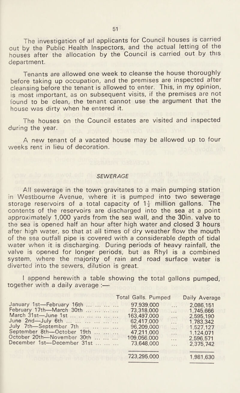 The investigation of ail applicants for Council houses is carried out by the Public Health Inspectors, and the actual letting of the houses after the allocation by the Council is carried out by this department. Tenants are allowed one week to cleanse the house thoroughly before taking up occupation, and the premises are inspected after cleansing before the tenant is allowed to enter. This, in my opinion, is most important, as on subsequent visits, if the premises are not found to be clean, the tenant cannot use the argument that the house was dirty when he entered it. The houses on the Council estates are visited and inspected during the year. A new tenant of a vacated house may be allowed up to four weeks rent in lieu of decoration. SEWERAGE All sewerage in the town gravitates to a main pumping station in Westbourne Avenue, where it is pumped into two sewerage storage reservoirs of a total capacity of 1 \ million gallons. The contents of the reservoirs are discharged into the sea at a point approximately 1,000 yards from the sea wall, and the 30in. valve to the sea is opened half an hour after high water and closed 3 hours after high water, so that at all times of dry weather flow the mouth of the sea outfall pipe is covered with a considerable depth of tidal water when it is discharging. During periods of heavy rainfall, the valve is opened for longer periods, but as Rhyl is a combined system, where the majority of rain and road surface water is diverted into the sewers, dilution is great. I append herewith a table showing the total gallons pumped, together with a daily average :— Total Galls. Pumped Daily Average January 1st—February 16th 97,939,000 ... 2,086,151 February 17th—March 30th 73,318,000 ... 1,745,666 March 31st—June 1st 163,497,000 ... 2,595,190 June 2nd—July 6th 62,417,000 ... 1,783,342 July 7th—September 7th 96,209,000 ... 1,527,127 September 8th—October 19th 47,211,000 ... 1,124,071 October 20th—November 30th 109,056,000 ... 2,596,571 December 1st—December 31st 73,648,000 ... 2,375,742 723,295,000 1,981,630
