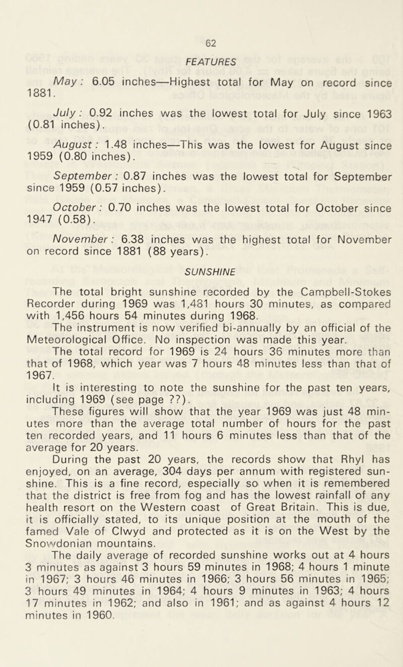 FEATURES May: 6.05 inches—Highest total for May on record since 1881. July: 0.92 inches was the lowest total for July since 1963 (0.81 inches). August: 1.48 inches—This was the lowest for August since 1959 (0.80 inches). September: 0.87 inches was the lowest total for September since 1959 (0.57 inches). October: 0.70 inches was the lowest total for October since 1947 (0.58). November: 6.38 inches was the highest total for November on record since 1881 (88 years). SUNSHINE The total bright sunshine recorded by the Campbell-Stokes Recorder during 1969 was 1,481 hours 30 minutes, as compared with 1,456 hours 54 minutes during 1968. The instrument is now verified bi-annually by an official of the Meteorological Office. No inspection was made this year. The total record for 1969 is 24 hours 36 minutes more than that of 1968, which year was 7 hours 48 minutes less than that of 1967. It is interesting to note the sunshine for the past ten years, including 1969 (see page ??). These figures will show that the year 1969 was just 48 min- utes more than the average total number of hours for the past ten recorded years, and 11 hours 6 minutes less than that of the average for 20 years. During the past 20 years, the records show that Rhyl has enjoyed, on an average, 304 days per annum with registered sun- shine. This is a fine record, especially so when it is remembered that the district is free from fog and has the lowest rainfall of any health resort on the Western coast of Great Britain. This is due, it is officially stated, to its unique position at the mouth of the famed Vale of Clwyd and protected as it is on the West by the Snowdonian mountains. The daily average of recorded sunshine works out at 4 hours 3 minutes as against 3 hours 59 minutes in 1968; 4 hours 1 minute in 1967; 3 hours 46 minutes in 1966; 3 hours 56 minutes in 1965; 3 hours 49 minutes in 1964; 4 hours 9 minutes in 1963; 4 hours 17 minutes in 1962; and also in 1961; and as against 4 hours 12 minutes in 1960.