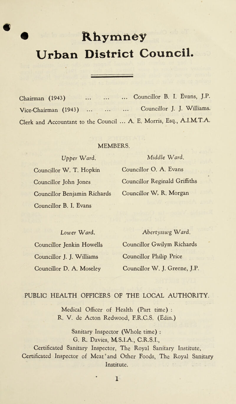 « • Rhymney Urban District Council. Chairman (1943) Councillor B. I. Evans, J.P. Vice-Chairman (1943) Councillor J. J. Williams. Clerk and Accountant to the Council ... A. E. Morris, Esq., A.I.MT.A. MEMBERS. Upper Ward. Councillor W. T. Hopkin Councillor John Jones Councillor Benjamin Richards Councillor B. I. Evans Middle Ward. Councillor O. A. Evans Councillor Reginald Griffiths Councillor W,. R. Morgan Lower Ward. Councillor Jenkin Howells Councillor J. J. Williams Councillor D. A. Moseley Abertysswg Ward. Councillor Gwilym Richards Councillor Philip Price Councillor W. J. Greene, J.P. PUBLIC HEALTH OFFICERS OF THE LOCAL AUTHORITY. Medical Officer of Health (Part time) : R. V. de Acton Redwood, F.R.C.S. (Edin.) Sanitary Inspector (Whole time) : G. R. Davies, M.S.I.A., C.R.S.I., Certificated Sanitary Inspector, The Royal Sanitary Institute, Certificated Inspector of Meat and Other Foods, The Royal Sanitary Institute.