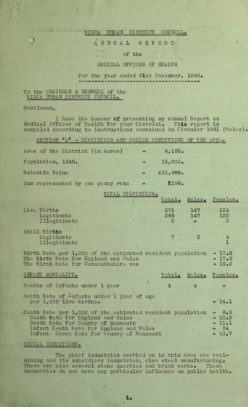 'mscdistrict council. A.NNUAL REPORT . . of the IVEDICAL OFFICER OF HEALTH For the year ended 51st December, 1948« To the CHAIRMN & MEB/IBEJIS^ of the RISCA URBAN DISTRICT COUNCIL. Gentlemen, I have the honour tf presenting my Annual Report as Medical Officer of Health for your District. This report is compiled according to instructions contained in Circular 1961 (Wales). SECTION ••A STATISTICS-AND SOCIAL CONDITIONS OF THE AREA. Area of the District' (inAcres) ' ' 4,195. Population, 1948. 15,200. Rateable Value £51,988. Sum represented by one penny rate E196. VITAL statistics. > Total. Males. Females• Live Births 271 147 124 ■ Legitimate 269 147 122 Illegitimate 2 2 Still Bir^ths Legitimate 7 ' 3 4 Illegitimate 1 Birth Rate per 1,000 of the estimated resident population - 17.8 The Birth Rate for England and Vifales - 17.9 The Birth Rate for Monmouthshire was - 19.2 INFANT MORTALITY. Total. Males. Females. Deaths of Infants under 1 year 4 4 mm Death Rate of infants under 1 year of age per 1,000 live births. - 14.1 Death Rate per 1,000 of the estimated resident population •• 8.8 Death Hate for England and Wales j - 10.8 Death Rate for County of Monmouth - 11.1 Infant Death Rate for England and Wales - 34 Infant:- Death Rate for County of Monmouth mm 45.7 SOCIAL CONDITIONS. The chief industries carried on in this Area are coal- mining and its subsidiary industries, also steel manufacturing. There are also several stone quarries and brick works. These industries do not have any particular Influence on public health.