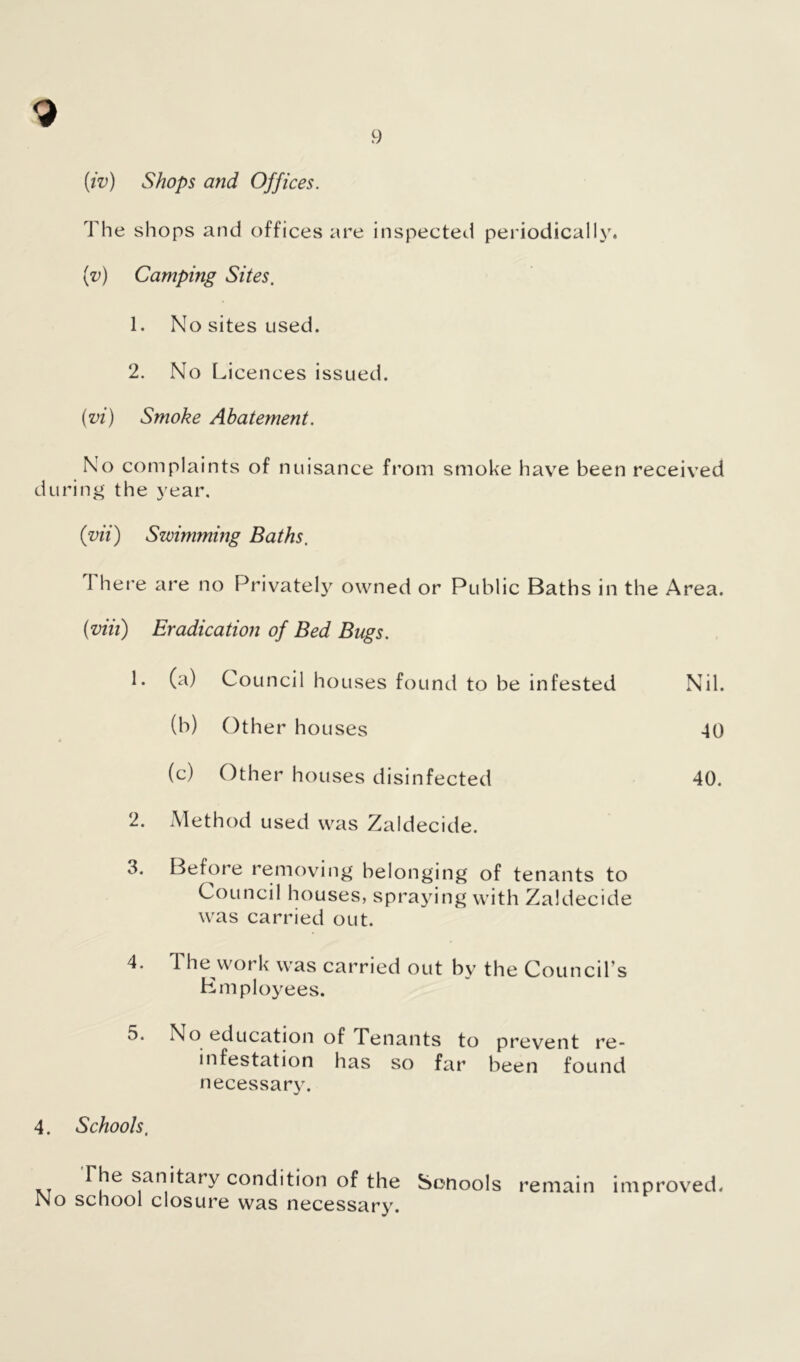 9 (iv) Shops and Offices. The shops and offices are inspected periodically. (v) Camping Sites, 1. No sites used. 2. No Licences issued. (zn) Smoke Abatement. No complaints of nuisance from smoke have been received during the year. (vii) Swimming Baths, There are no Privately owned or Public Baths in the Area. (viii) Eradication of Bed Bugs. 2. Method used was Zaldecide. 3. Before removing belonging of tenants to Council houses, spraying with Zaldecide was carried out. 4. The work was carried out by the Council’s Employees. 5* No education of Tenants to prevent re- infestation has so far been found necessary. 4. Schools, The sanitary condition of the Sonools remain improved. No school closure was necessary. 1. (a) Council houses found to be infested (b) Other houses (c) Other houses disinfected Nil. 40. 40