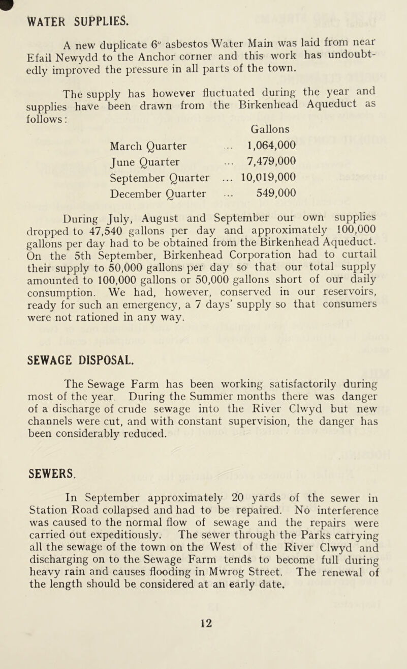 WATEK SUPPLIES. A new duplicate 6 asbestos Water Main was laid irom near Efail Newydd to the Anchor corner and this work has undoubt- edly improved the pressure in all parts of the town. The supply has however fluctuated during the year and supplies have been drawn from the Birkenhead Aqueduct as follows: Gallons March Quarter June Quarter September Quarter December Quarter 1.064.000 7.479.000 10,019,000 549,000 During July, August and September our own supplies dropped to 47,540 gallons per day and approximately 100,000 gallons per day had to be obtained from the Birkenhead Aqueduct. On the 5th September, Birkenhead Corporation had to curtail their supply to 50,000 gallons per day so that our total supply amounted to 100,000 gallons or 50,000 gallons short of our daily consumption. We had, however, conserved in our reservoirs, ready for such an emergency, a 7 days’ supply so that consumers were not rationed in any way. SEWAGE DISPOSAL. The Sewage Farm has been working satisfactorily during most of the year During the Summer months there was danger of a discharge of crude sewage into the River Clwyd but new channels were cut, and with constant supervision, the danger has been considerably reduced. SEWERS. In September approximately 20 yards of the sewer in Station Road collapsed and had to be repaired. No interference was caused to the normal flow of sewage and the repairs were carried out expeditiously. The sewer through the Parks carrying all the sewage of the town on the West of the River Clwyd and discharging on to the Sewage Farm tends to become full during heavy rain and causes flooding in Mwrog Street. The renewal of the length should be considered at an early date.