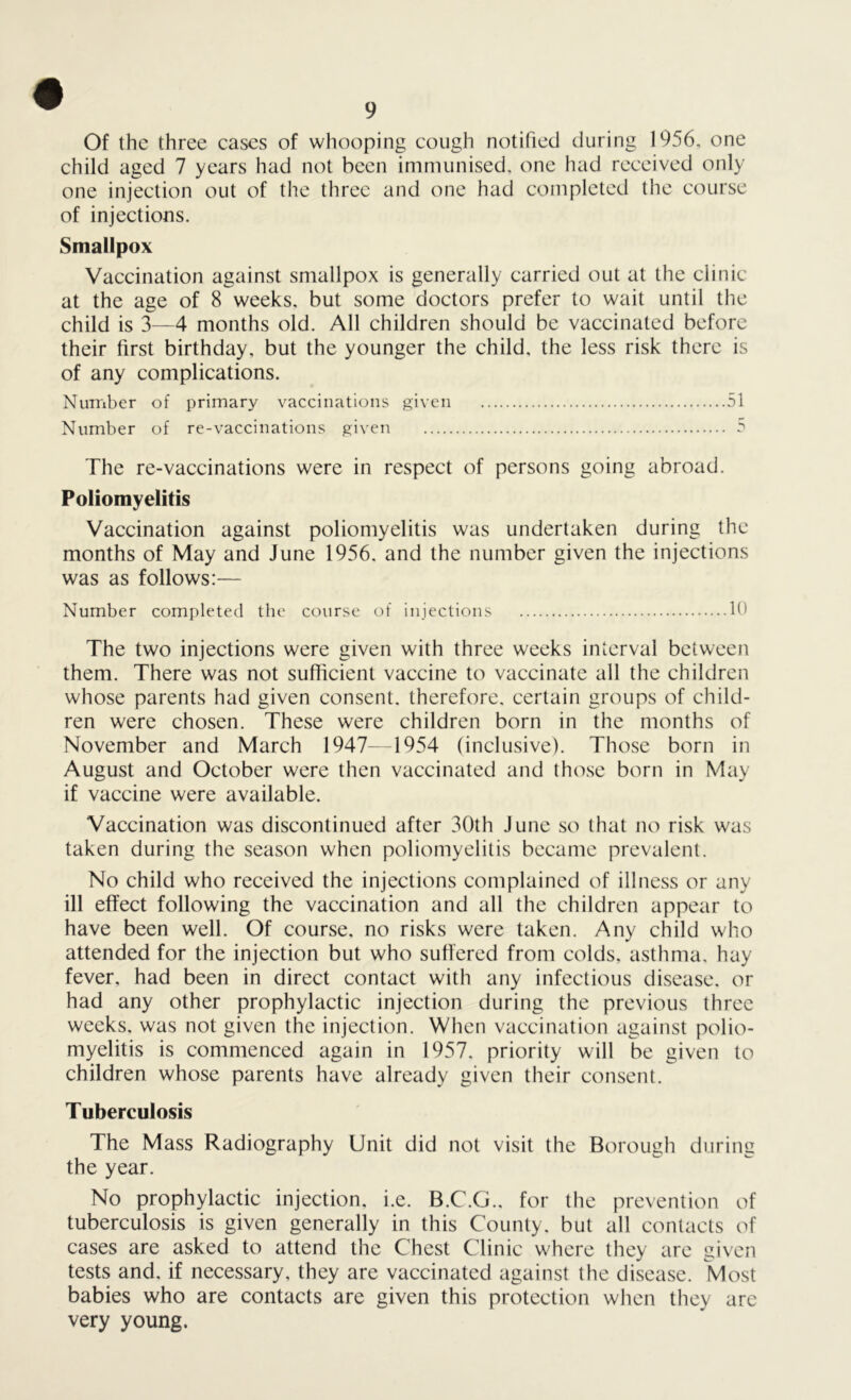 Of the three cases of whooping cough notified during 1956, one child aged 7 years had not been immunised, one had received only one injection out of the three and one had completed the course of injections. Smallpox Vaccination against smallpox is generally carried out at the clinic at the age of 8 weeks, but some doctors prefer to wait until the child is 3—4 months old. All children should be vaccinated before their first birthday, but the younger the child, the less risk there is of any complications. Number of primary vaccinations given 51 Number of re-vaccinations given 5 The re-vaccinations were in respect of persons going abroad. Poliomyelitis Vaccination against poliomyelitis was undertaken during the months of May and June 1956. and the number given the injections was as follows:— Number completed the course of injections 10 The two injections were given with three weeks interval between them. There was not sufficient vaccine to vaccinate all the children whose parents had given consent, therefore, certain groups of child- ren were chosen. These were children born in the months of November and March 1947—1954 (inclusive). Those born in August and October were then vaccinated and those born in May if vaccine were available. Vaccination was discontinued after 30th June so that no risk was taken during the season when poliomyelitis became prevalent. No child who received the injections complained of illness or any ill effect following the vaccination and all the children appear to have been well. Of course, no risks were taken. Any child who attended for the injection but who suffered from colds, asthma, hay fever, had been in direct contact with any infectious disease, or had any other prophylactic injection during the previous three weeks, was not given the injection. When vaccination against polio- myelitis is commenced again in 1957. priority will be given to children whose parents have already given their consent. Tuberculosis The Mass Radiography Unit did not visit the Borough during the year. No prophylactic injection, i.e. B.C.G., for the prevention of tuberculosis is given generally in this County, but all contacts of cases are asked to attend the Chest Clinic where they are given tests and. if necessary, they are vaccinated against the disease. Most babies who are contacts are given this protection when they are very young.