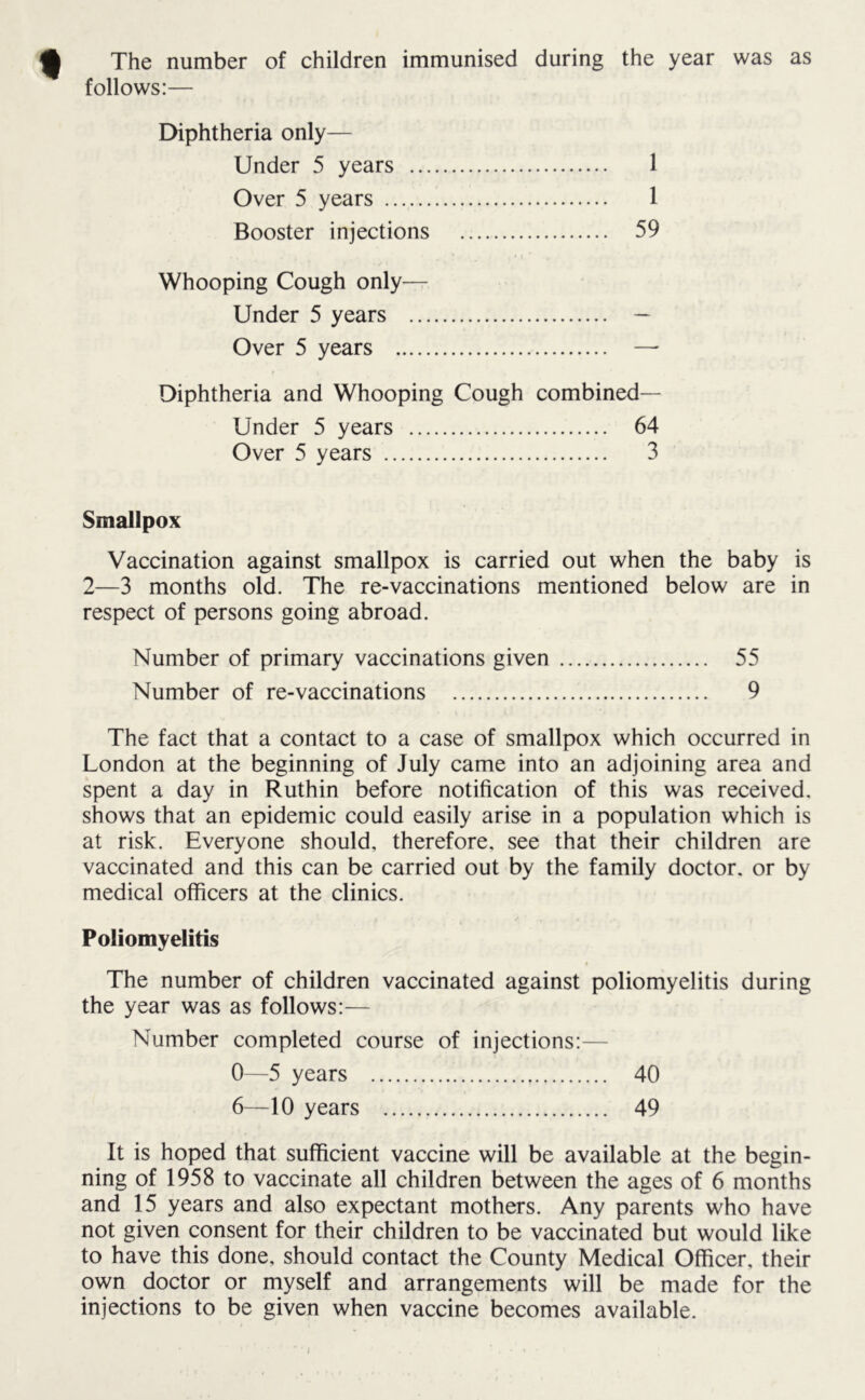 The number of children immunised during the year was as follows:— Diphtheria only— Under 5 years 1 Over 5 years 1 Booster injections 59 Whooping Cough only— Under 5 years — Over 5 years —- Diphtheria and Whooping Cough combined— Under 5 years 64 Over 5 years 3 Smallpox Vaccination against smallpox is carried out when the baby is 2—3 months old. The re-vaccinations mentioned below are in respect of persons going abroad. Number of primary vaccinations given 55 Number of re-vaccinations 9 The fact that a contact to a case of smallpox which occurred in London at the beginning of July came into an adjoining area and spent a day in Ruthin before notification of this was received, shows that an epidemic could easily arise in a population which is at risk. Everyone should, therefore, see that their children are vaccinated and this can be carried out by the family doctor, or by medical officers at the clinics. Poliomyelitis t The number of children vaccinated against poliomyelitis during the year was as follows:— Number completed course of injections:— 0—5 years 40 6—10 years 49 It is hoped that sufficient vaccine will be available at the begin- ning of 1958 to vaccinate all children between the ages of 6 months and 15 years and also expectant mothers. Any parents who have not given consent for their children to be vaccinated but would like to have this done, should contact the County Medical Officer, their own doctor or myself and arrangements will be made for the injections to be given when vaccine becomes available.