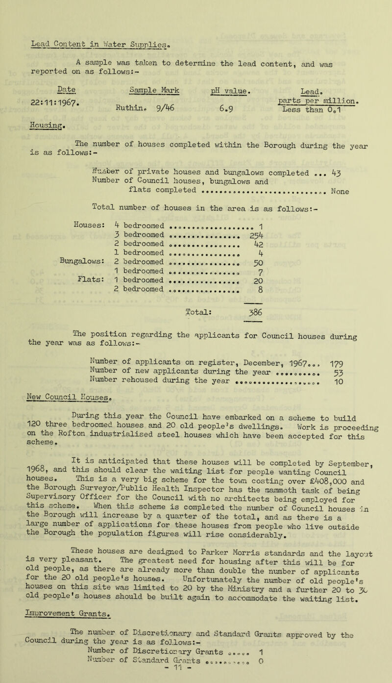 was A sample was taken to determine the lead content, and reported on as follows Date Sample Mark pH value. Lead. 22:11:1967. „ ^ . ... ^ .million. Ruthin. 9/46 6.9 Less than 0o1 Housing. The number of houses completed wiuhin the Borough during the year is as follows:- Hu,fiber of private houses and bungalows completed ... 43 Number of Council houses, bungalows and flats completed .. None Total number of houses in the area is as follows Houses: 4 bedroomed 1 3 bedroomed 234 2 bedroomed ...........o.... 42 1 bedroomed ................ 4 Bungalows: 2 bedroomed 30 1 bedroomed ................ 7 Flats: 1 bedroomed . 20 2 bedroomed 8 £otal: 386 The position regarding the applicants for Council houses during the year was as follows:- Number of applicants on register, December, 1967.179 Number of new applicants during the year ee„.o «>..*. 33 Number rehoused during the year .„•„0. 10 New Council Houses. During this year the Council have embarked on a scheme to build 120 three bedroomed houses and 20 old people’s dwellings. Work is proceeding on the Rofton industrialised steel houses which have been accepted for this scheme. anticipated that these houses will be completed by September, i960, and this should clear the waiting list for people wanting Council houses. This is a very big scheme for the town costing over £408,000 and the Borough Surveyor/Public Health Inspector has the mammoth task of being Supervisory Officer for the Council with no architects being employed for this scheme. When this scheme is completed the number of Council houses In the Borough will increase by a quarter of the total, and as there is a large number of applications for these houses from people who live outside tne Borough the population figures will rise considerably. These houses are designed to Parker Morris standards and the layout is very pleasant. The greatest need for housing after this will be for old people, as there are already more than double the number of applicants for the 20 old people's houses. Unfortunately the number of old people's houses on this site was limited to 20 by the Ministry and a further 20 to 30 old people's houses should be built again to accommodate the waiting list. Imurovement Grants. The number of Discretionary and Standard Grants approved by the Council during the year is as follows:- Number of Discretionary Grants 0.«o. 1 Number of Standard Grants , e o 0 0