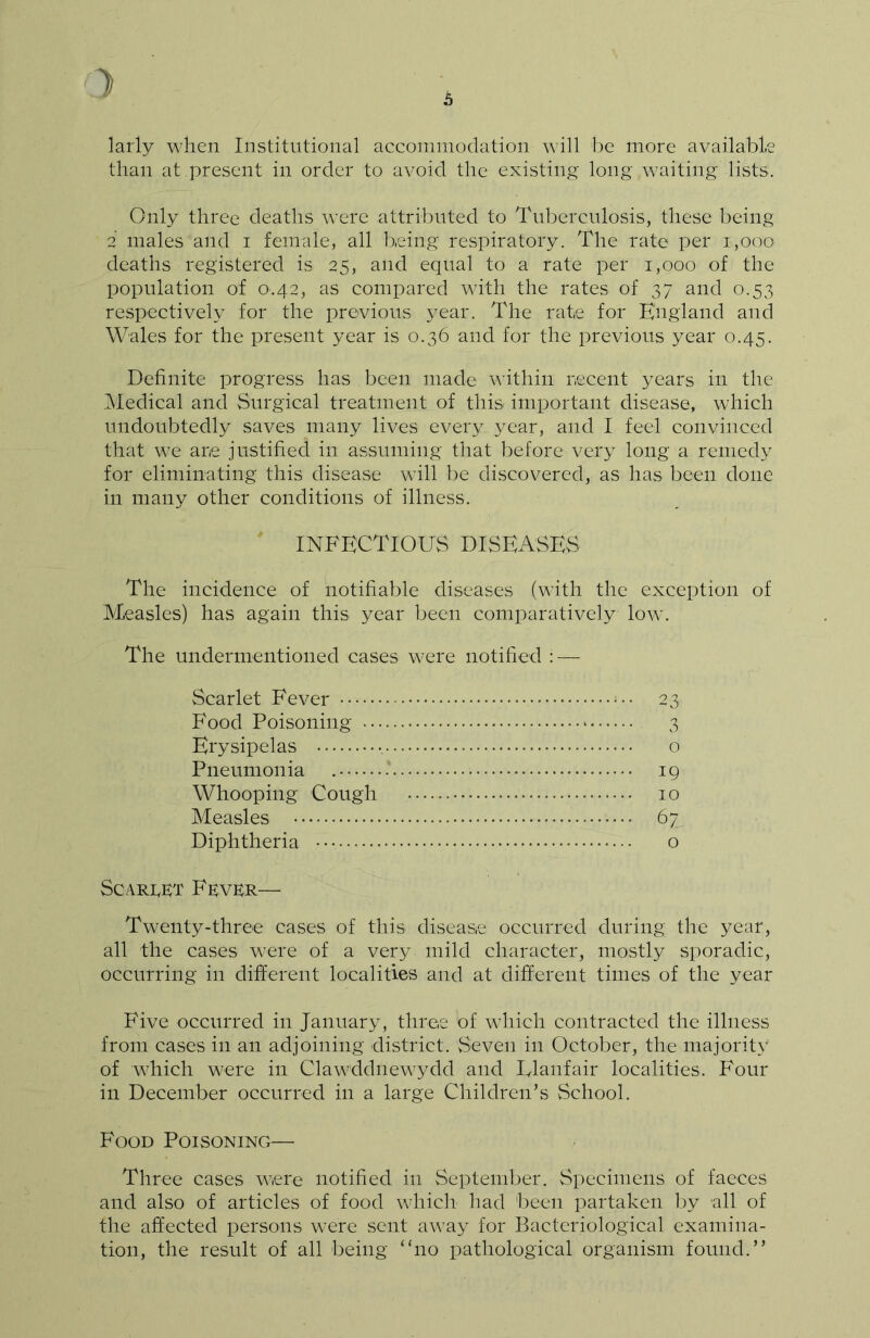 larly when Institutional accommodation will be more available than at present in order to avoid the existing long waiting lists. Only three deaths were attributed to Tuberculosis, these being 2 males and i female, all being respiratory. The rate per 1,000 deaths registered is 25, and equal to a rate per 1,000 of the population of 0.42, as compared with the rates of 37 and 0.53 respectively for the previous year. The rate for England and Wales for the present year is 0.36 and for the previous year 0.45. Definite progress has been made within recent years in the Medical and Surgical treatment of this important disease, which undoubtedly saves many lives every year, and I feel convinced that we are justified in assuming that before very long a remedy for eliminating this disease will be discovered, as has been done in many other conditions of illness. infectious diseases The incidence of notifiable diseases (with the exception of Measles) has again this year been comparatively low. The undermentioned cases were notified : — Scarlet Fever 23 Food Poisoning 3 Erysipelas •. o Pneumonia 19 Whooping Cough 10 Measles • 67 Diphtheria o Scarlet Fever— Twenty-three cases of this disease occurred during the year, all the cases were of a very mild character, mostly sporadic, occurring in different localities and at different times of the year Five occurred in January, three of which contracted the illness from cases in an adjoining district. Seven in October, the majority of which were in Clawddnewydd and Elanfair localities. Four in December occurred in a large Children’s School. Food Poisoning— Three cases were notified in September. Specimens of faeces and also of articles of food which had been partaken by all of the affected persons were sent away for Bacteriological examina- tion, the result of all being “no pathological organism found.”