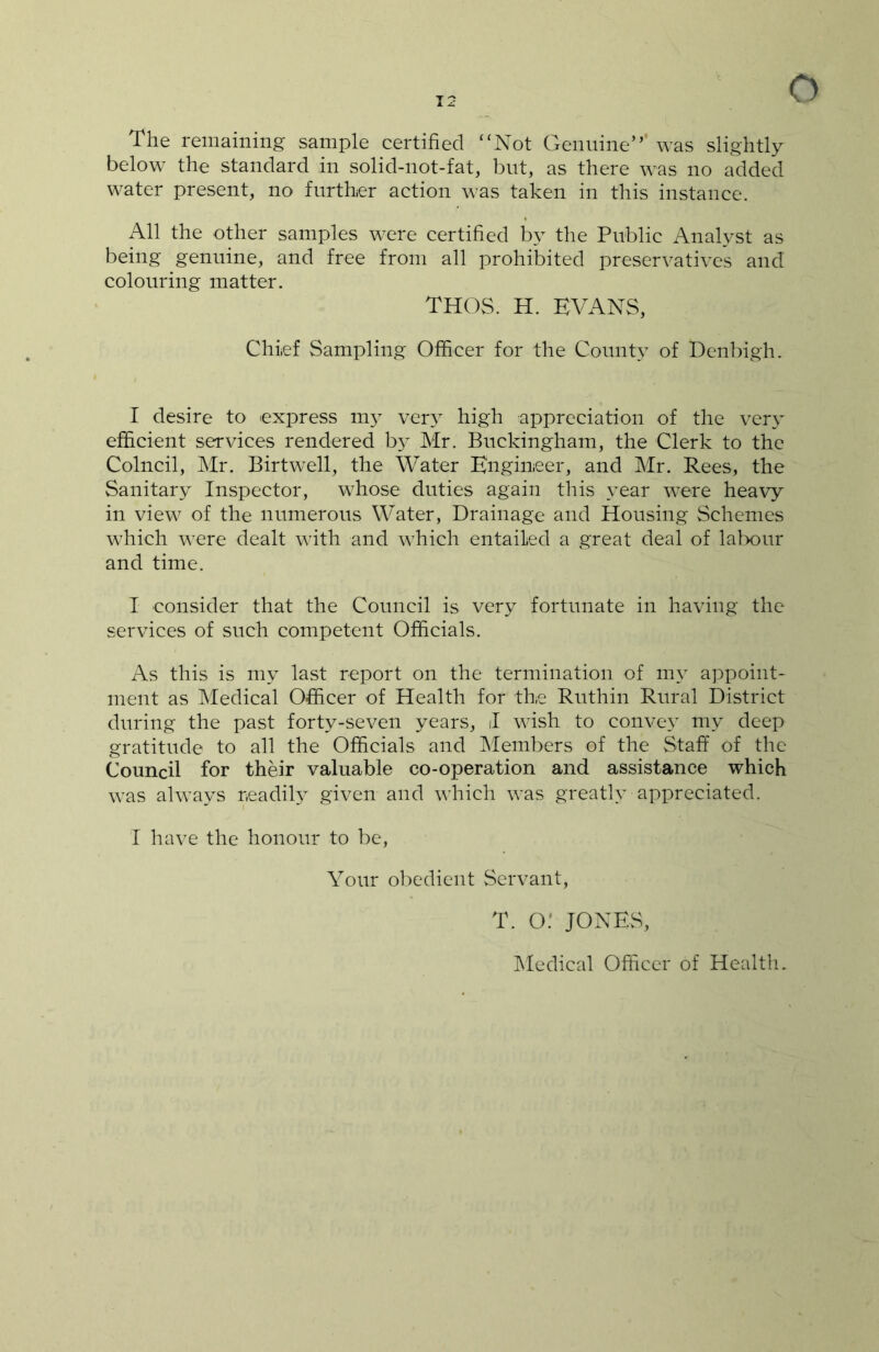 o The remaining sample certified “Not Genuine”’ was slightly below the standard in solid-not-fat, but, as there was no added water present, no further action was taken in this instance. All the other samples were certified by the Public Analyst as being genuine, and free from all prohibited preservatives and colouring matter. THOS. H. EVANS, Chief Sampling Officer for the County of Denbigh. I desire to express my very high appreciation of the very efficient services rendered by Mr. Buckingham, the Clerk to the Coined, Mr. Birtwell, the Water Engineer, and Mr. Rees, the Sanitary Inspector, whose duties again this year were heavy in view of the numerous Water, Drainage and Housing Schemes which were dealt with and which entailed a great deal of labour and time. I consider that the Council is very fortunate in having the services of such competent Officials. As this is my last report on the termination of my appoint- ment as Medical Officer of Health for the Ruthin Rural District during the past forty-seven years, I wish to convey my deep gratitude to all the Officials and Members of the Staff of the Council for their valuable co-operation and assistance which was always readily given and which was greatly appreciated. I have the honour to be, Your obedient Servant, T. o: JONES, Medical Officer of Health.