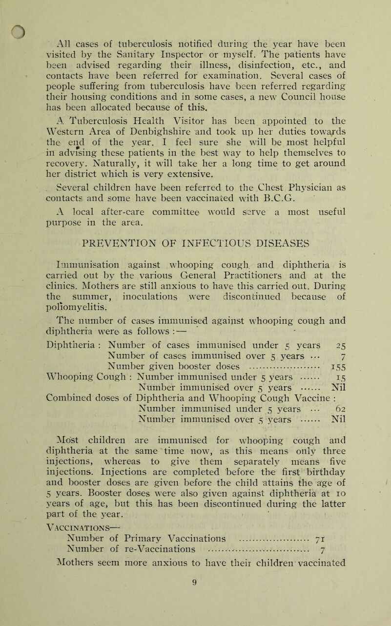 All cases of tuberculosis notified during the year have been visited by the Sanitary Inspector or myself. The patients have been advised regarding their illness, disinfection, etc., and contacts have been referred for examination. Several cases of people suffering from tuberculosis have been referred regarding their housing conditions and in some cases, a new Council house has been allocated because of this. Tuberculosis Health Visitor has been appointed to the Western Area of Denbighshire and took up her duties towards the end of the year. I feel sure she will be most helpful in advising these patients in the best way to help themselves to recovery. Naturally, it will take her a long time to get around her district which is very extensive. Several children have been referred to the Chest Physician as contacts and some have been vaccinated with B.C.G. A local after-care committee would serve a most useful purpose in the area. PREVENTION OF INFECTIOUS DISEASES Immunisation against whooping cough and diphtheria is carried out by the various General Practitioners and at the clinics. Mothers are still anxious to have this carried out. During the summer, inoculations were discontinued because of poliomyelitis. The number of cases immunised against whooping cough and diphtheria were as follows : — Diphtheria : Number of cases immunised under 5 years 25 Number of cases immunised over 5 years ••• 7 Number given booster doses 155 Whooping Cough : Number immunised under 5 years 15 Number immunised over 5 years Nil Combined doses of Diphtheria and Whooping Cough Vaccine : Number immunised under 5 years ••• 62 Number immunised over 5 years Nil Most children are immunised for whooping cough and diphtheria at the same time now, as this means only three injections, whereas to give them separately means five injections. Injections are completed before the first birthday and booster doses are given before the child attains the age of 5 years. Booster doses were also given against diphtheria at 10 years of age, but this has been discontinued during the latter part of the year. Vaccinations— Number of Primary Vaccinations 71 Number of re-Vaccinations 7 Mothers seem more anxious to have their children vaccinated